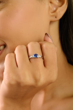 Art Deco-Inspired Round Blue Sapphire & Baguette Diamond Ring in 14k White Gold