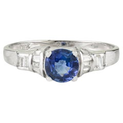 Art Deco-Inspired Round Blue Sapphire & Baguette Diamond Ring in 14k White Gold