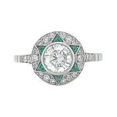 Art Deco Inspired Round Brilliant Cut Diamond Emerald Platinum Engagement Ring