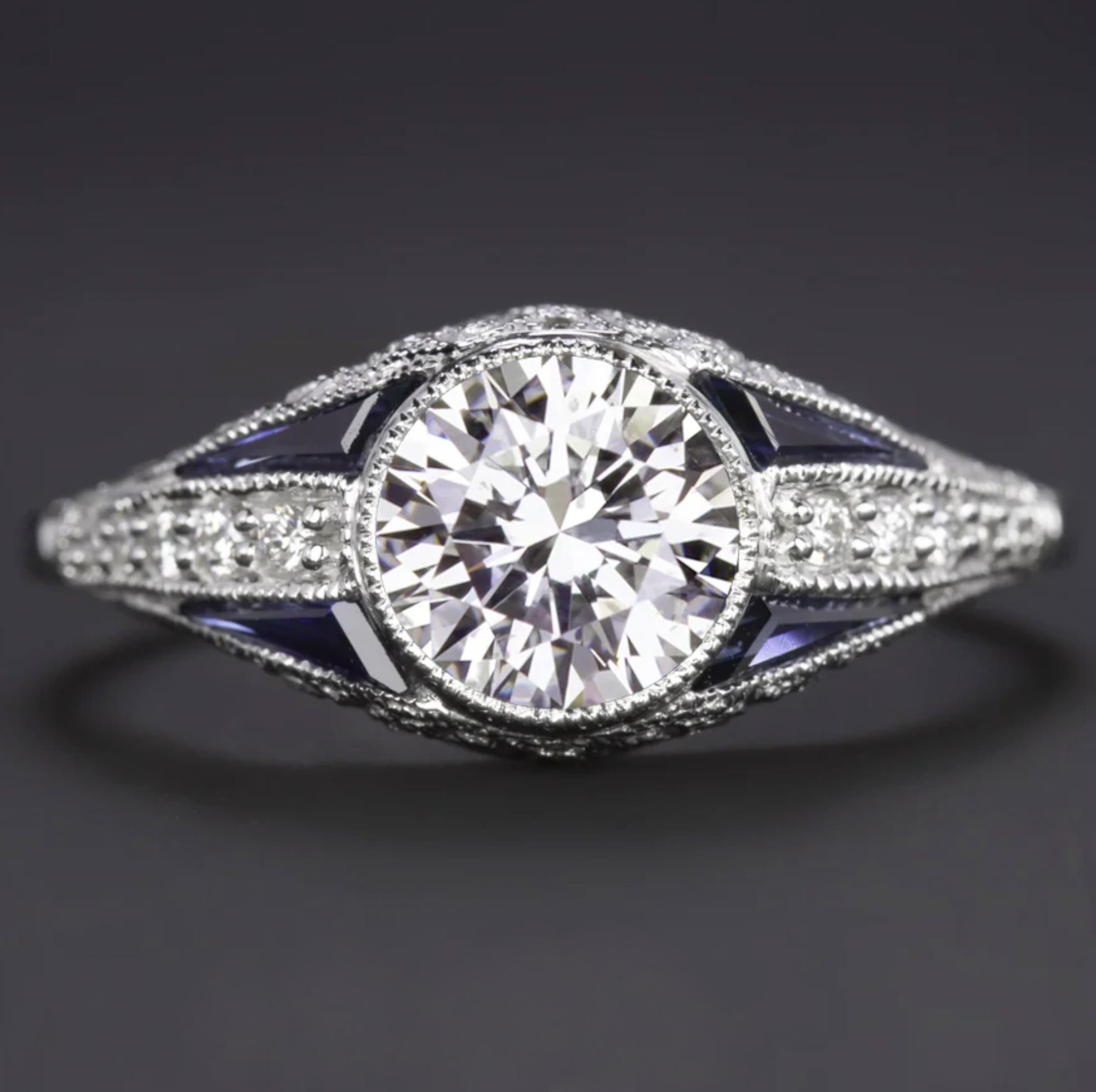 Art Deco-Inspired Round Brilliant Diamond and Sapphire Engagement Ring In New Condition For Sale In Chicago, IL