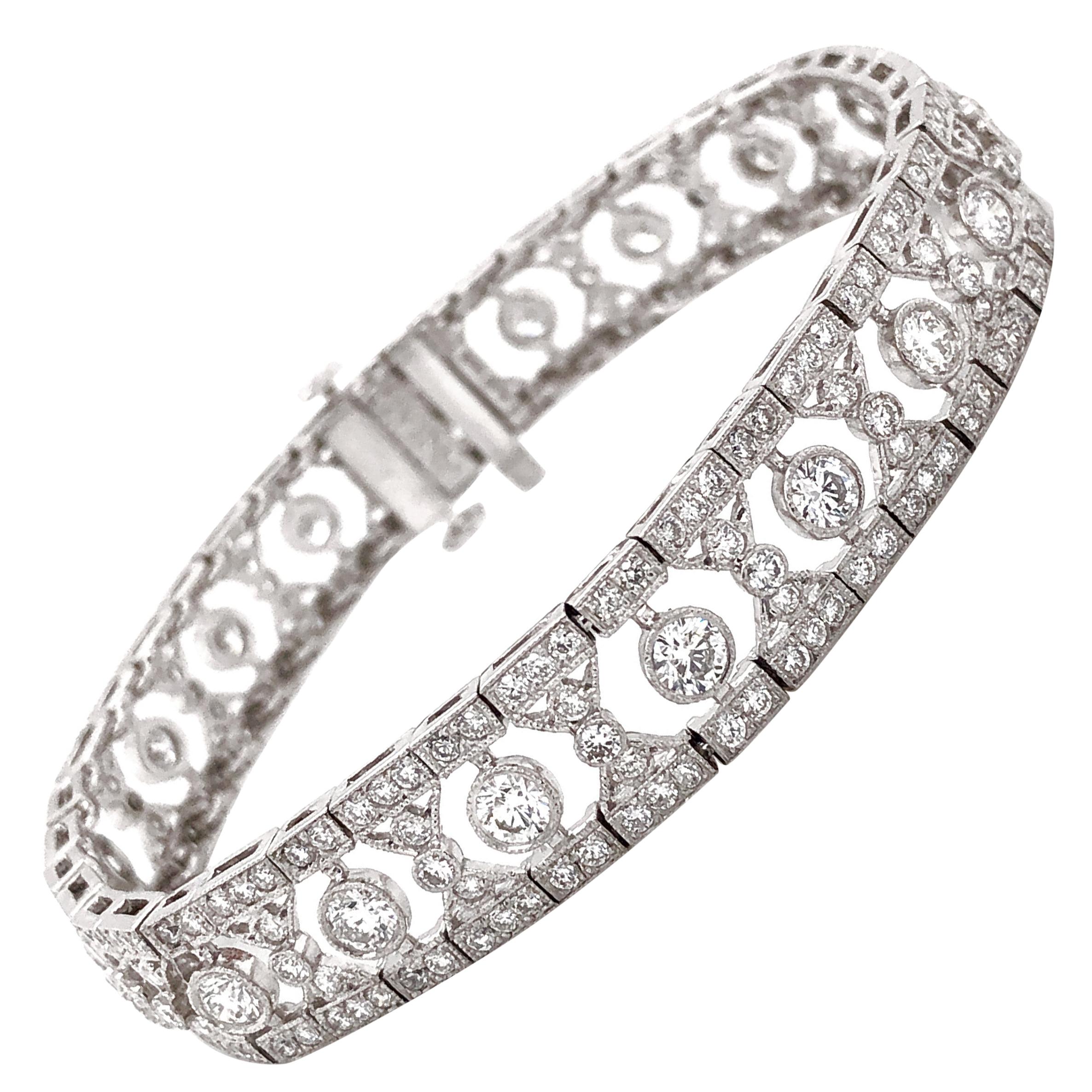 Art Deco Inspired Round Cut Diamonds 6.12 Carat Platinum Bracelet For Sale