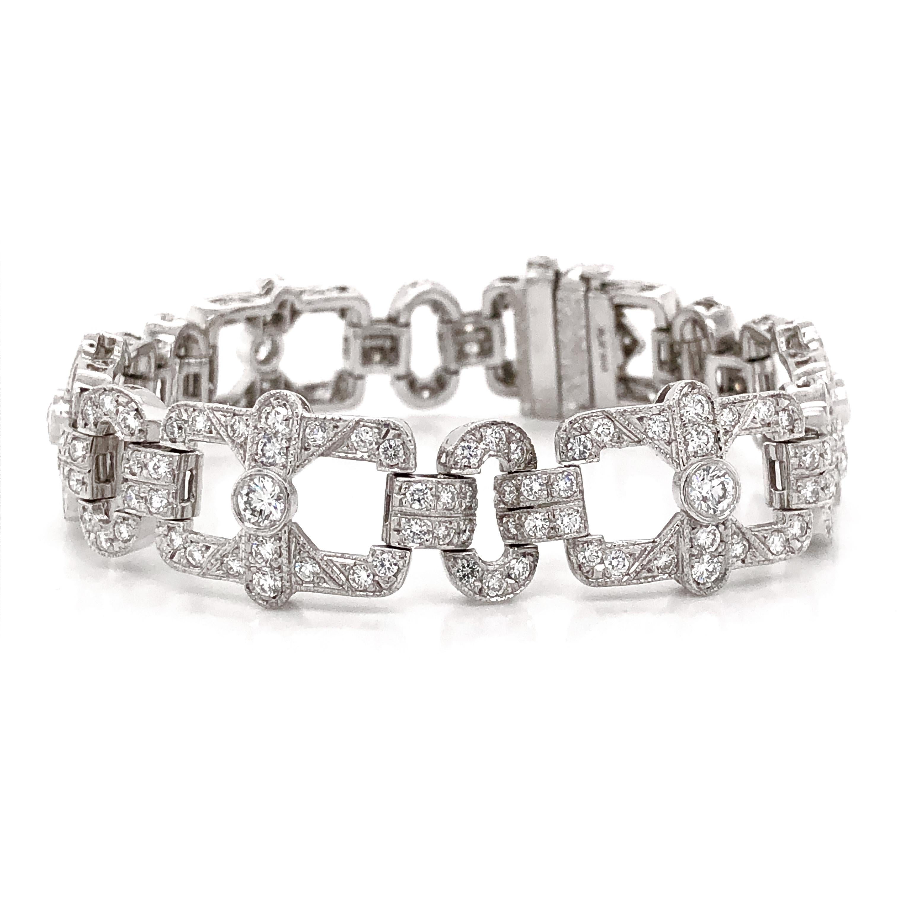 Contemporary Art Deco Inspired Round Cut Diamonds 6.18 Carat Platinum Bracelet For Sale