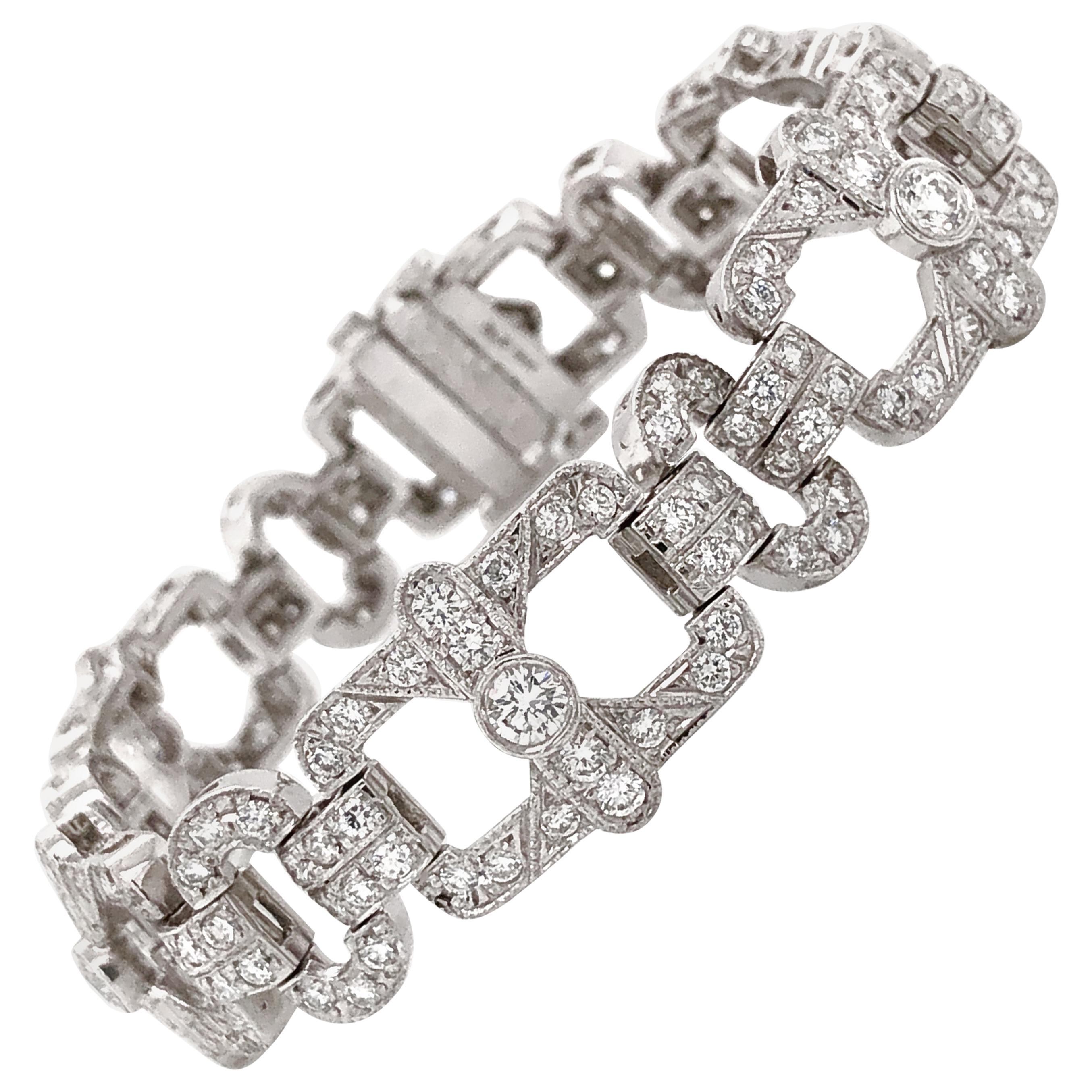 Art Deco Inspired Round Cut Diamonds 6.18 Carat Platinum Bracelet For Sale
