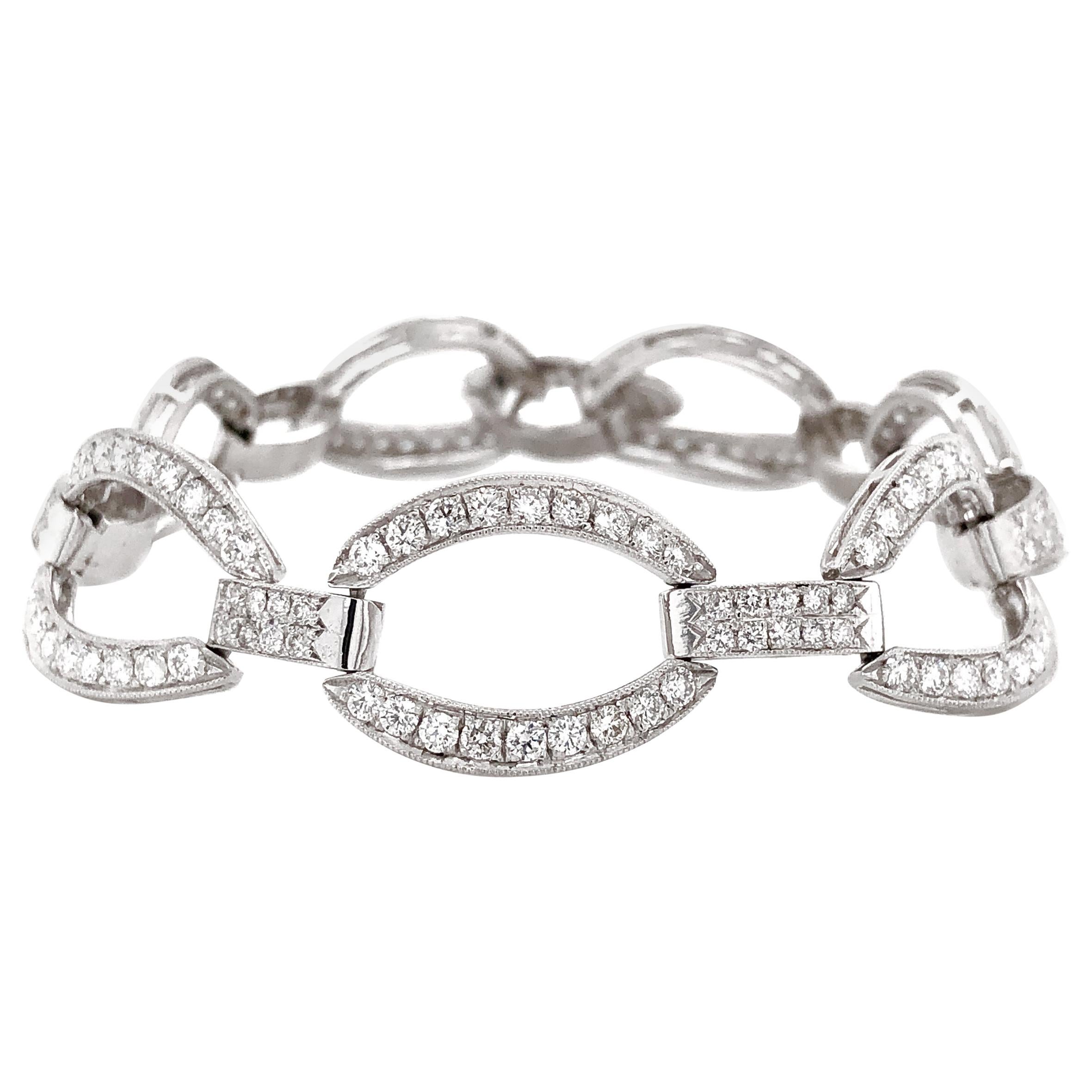Art Deco Inspired Round Cut Diamonds 6.21 Carat Platinum Chain Bracelet For Sale
