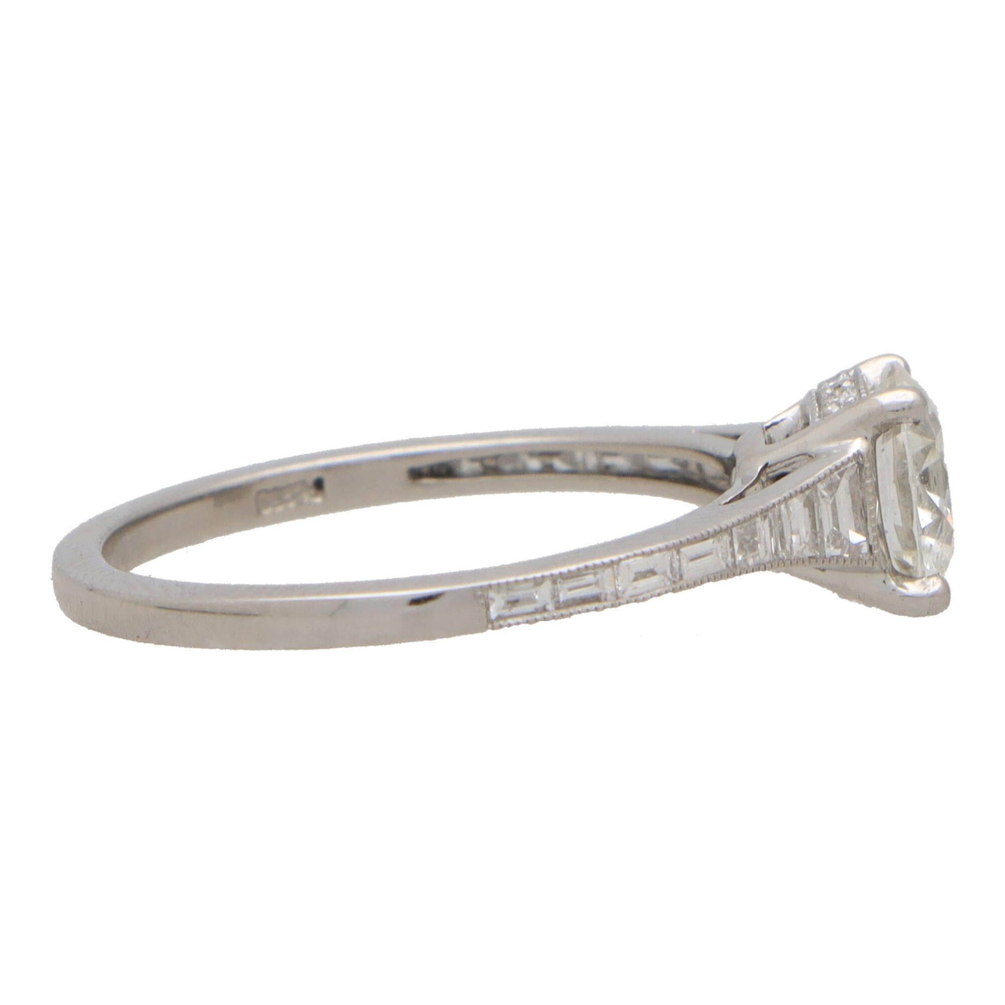 Round Cut Art Deco Inspired Round Diamond Ring with Baguette Shoulders Set in Platinum For Sale