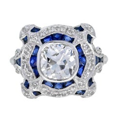 Art Deco Inspired Round GIA 1.52 Carat Diamonds & Blue Sapphire White Gold Ring