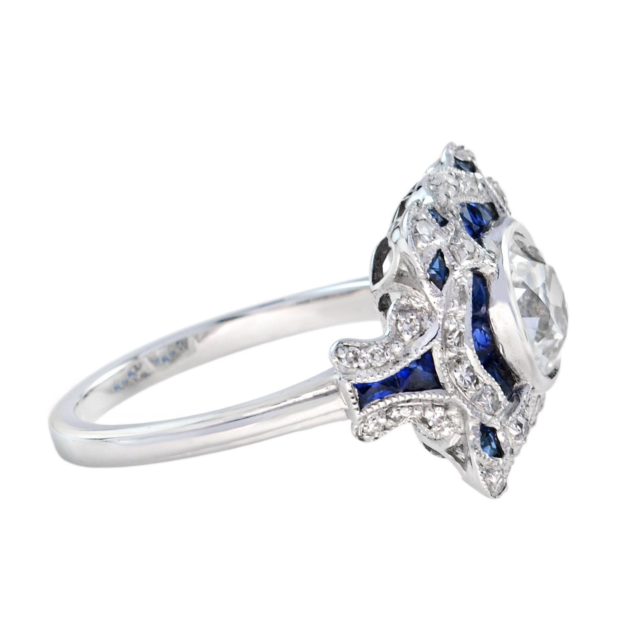 Art déco Bague d'inspiration Art Déco en or blanc, diamants ronds GIA 1,52 carat et saphir bleu en vente