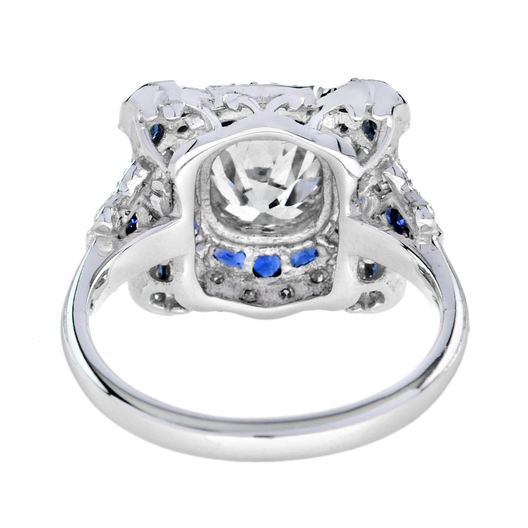 Taille vieille mine Bague d'inspiration Art Déco en or blanc, diamants ronds GIA 1,52 carat et saphir bleu en vente