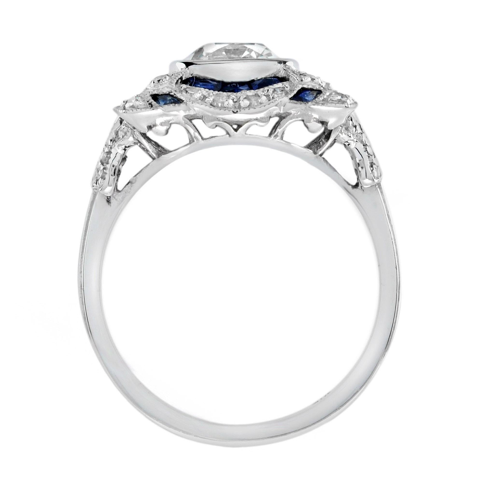 Bague d'inspiration Art Déco en or blanc, diamants ronds GIA 1,52 carat et saphir bleu Neuf - En vente à Oakton, VA