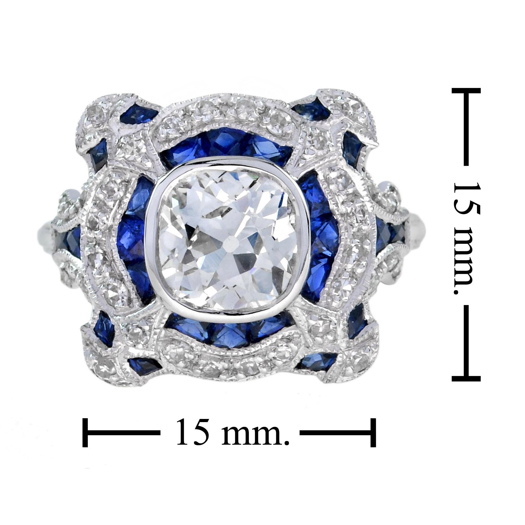 Bague d'inspiration Art Déco en or blanc, diamants ronds GIA 1,52 carat et saphir bleu en vente 3