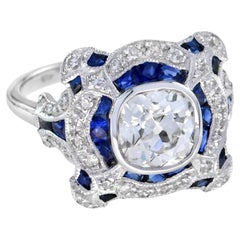 Art Deco Inspired Round GIA 1.52 Carat Diamonds & Blue Sapphire White Gold Ring