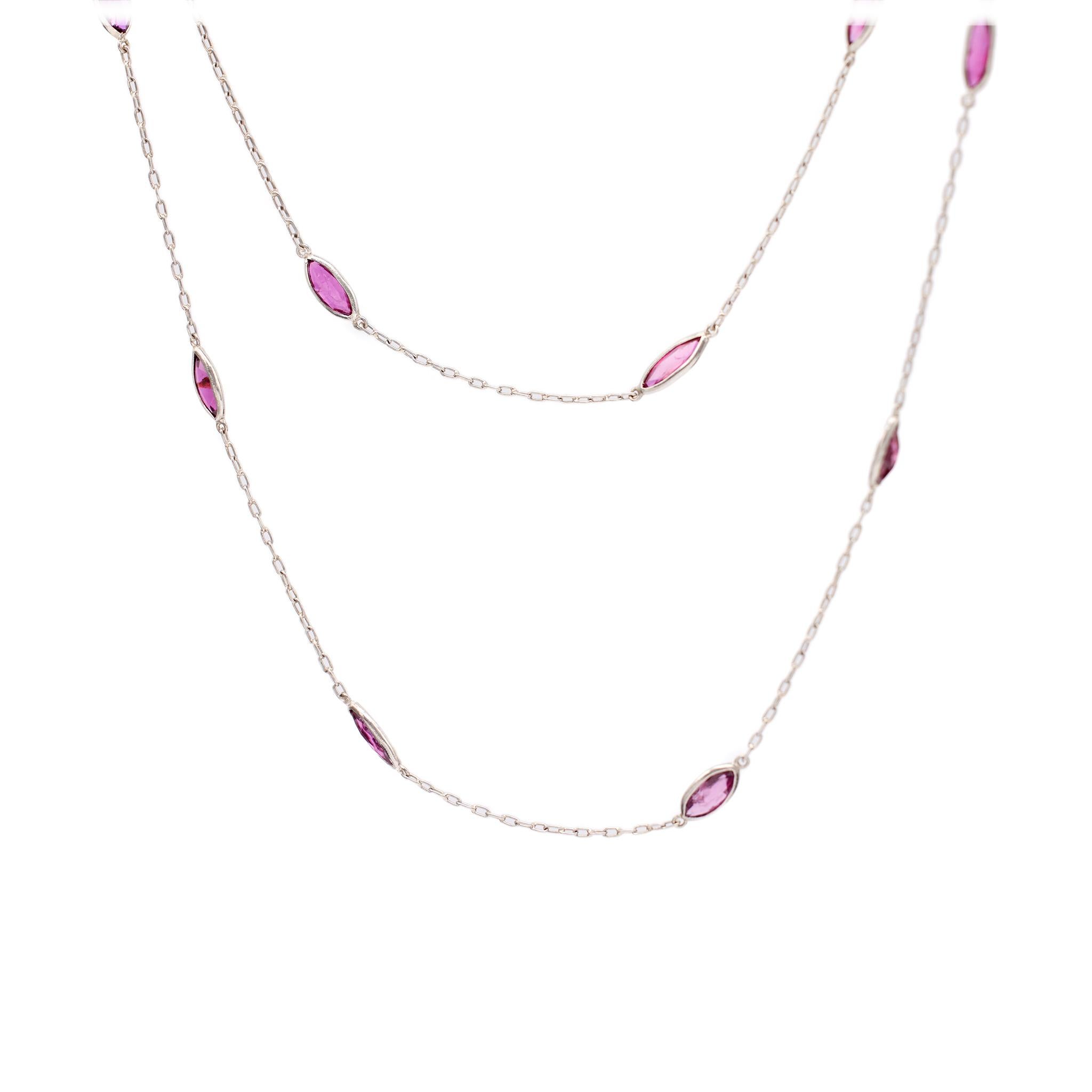 Women's or Men's Art Deco Inspired Ruby 18k White Gold Station Necklace For Sale