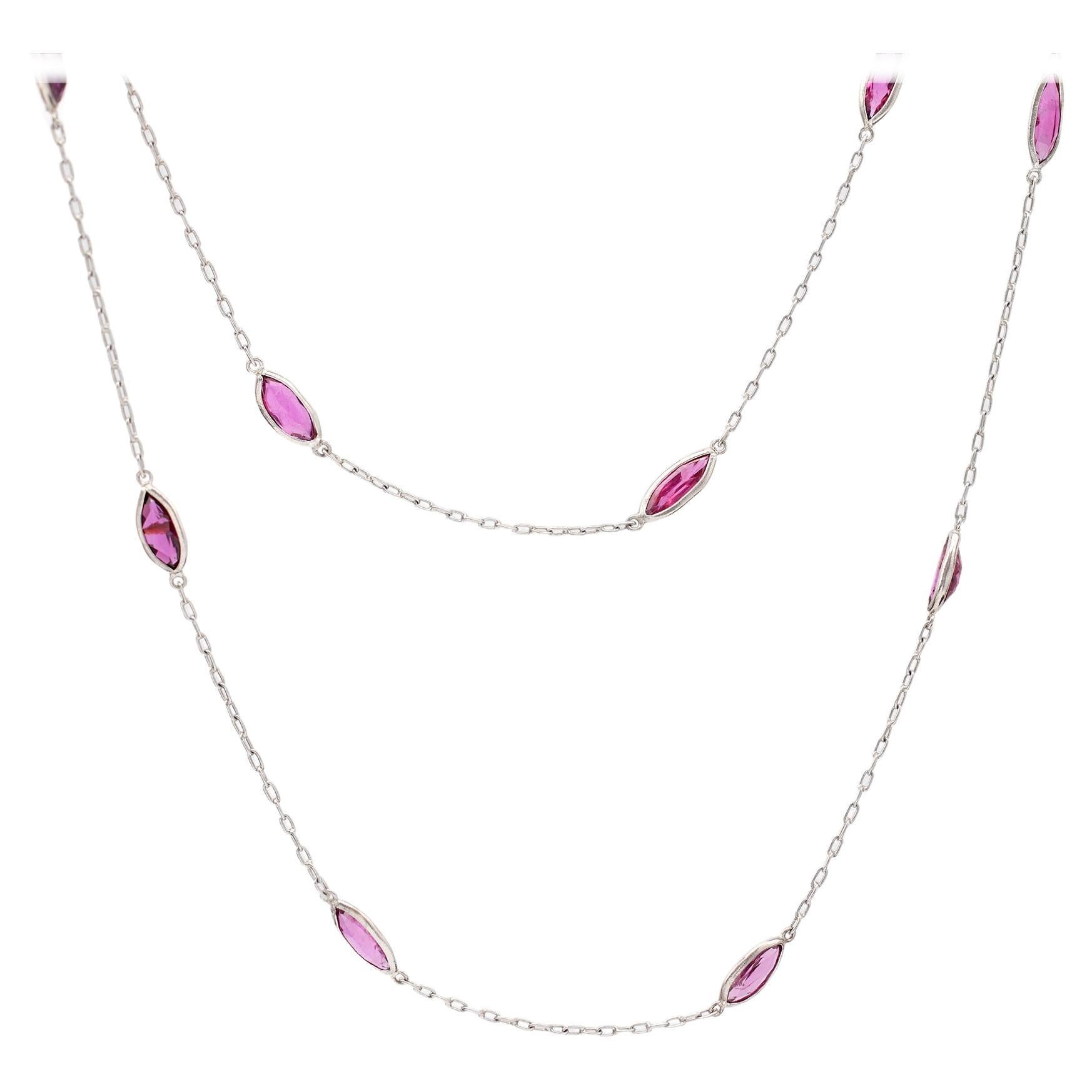 Art Deco Inspired Ruby 18k White Gold Station Necklace For Sale