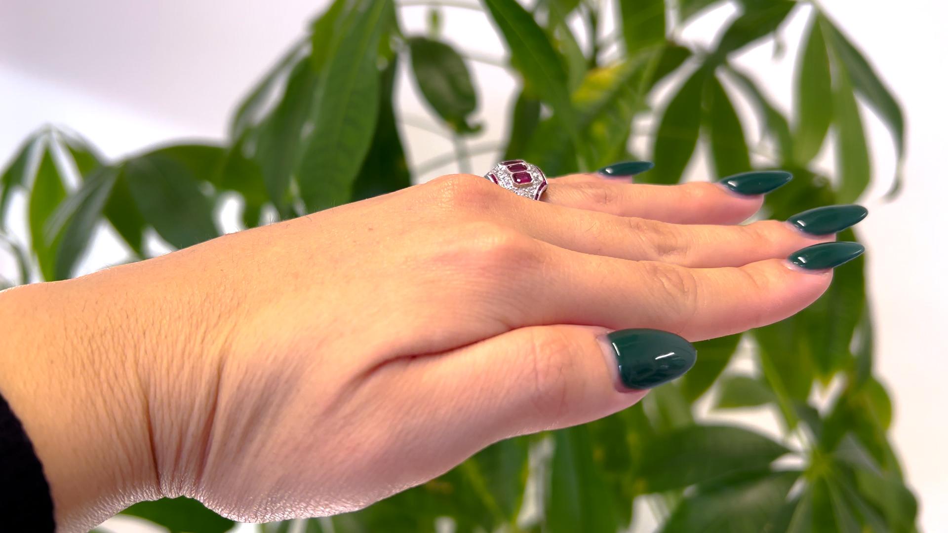 Art Deco Inspired Ruby and Diamond Platinum Five Stone Ring In Excellent Condition For Sale In Beverly Hills, CA