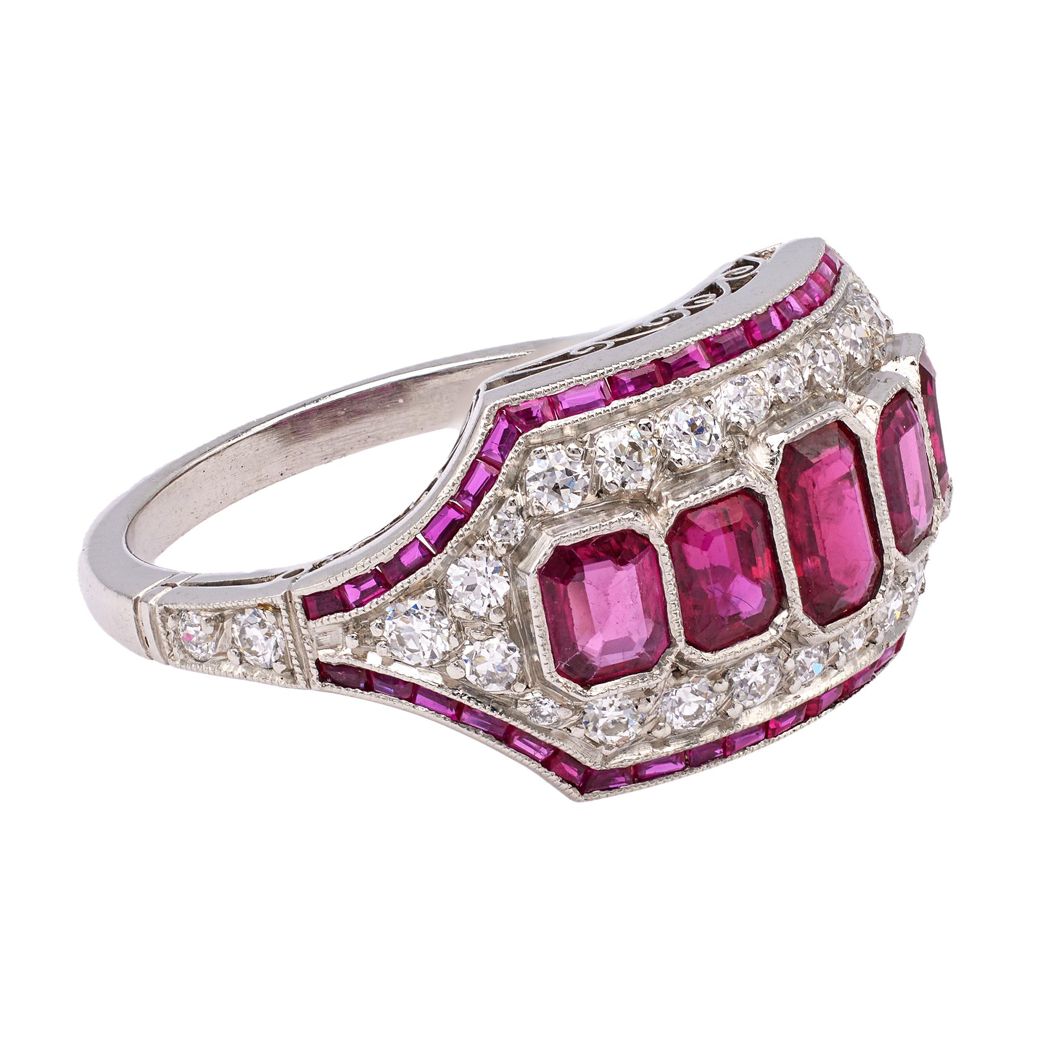 Women's or Men's Art Deco Inspired Ruby and Diamond Platinum Five Stone Ring For Sale