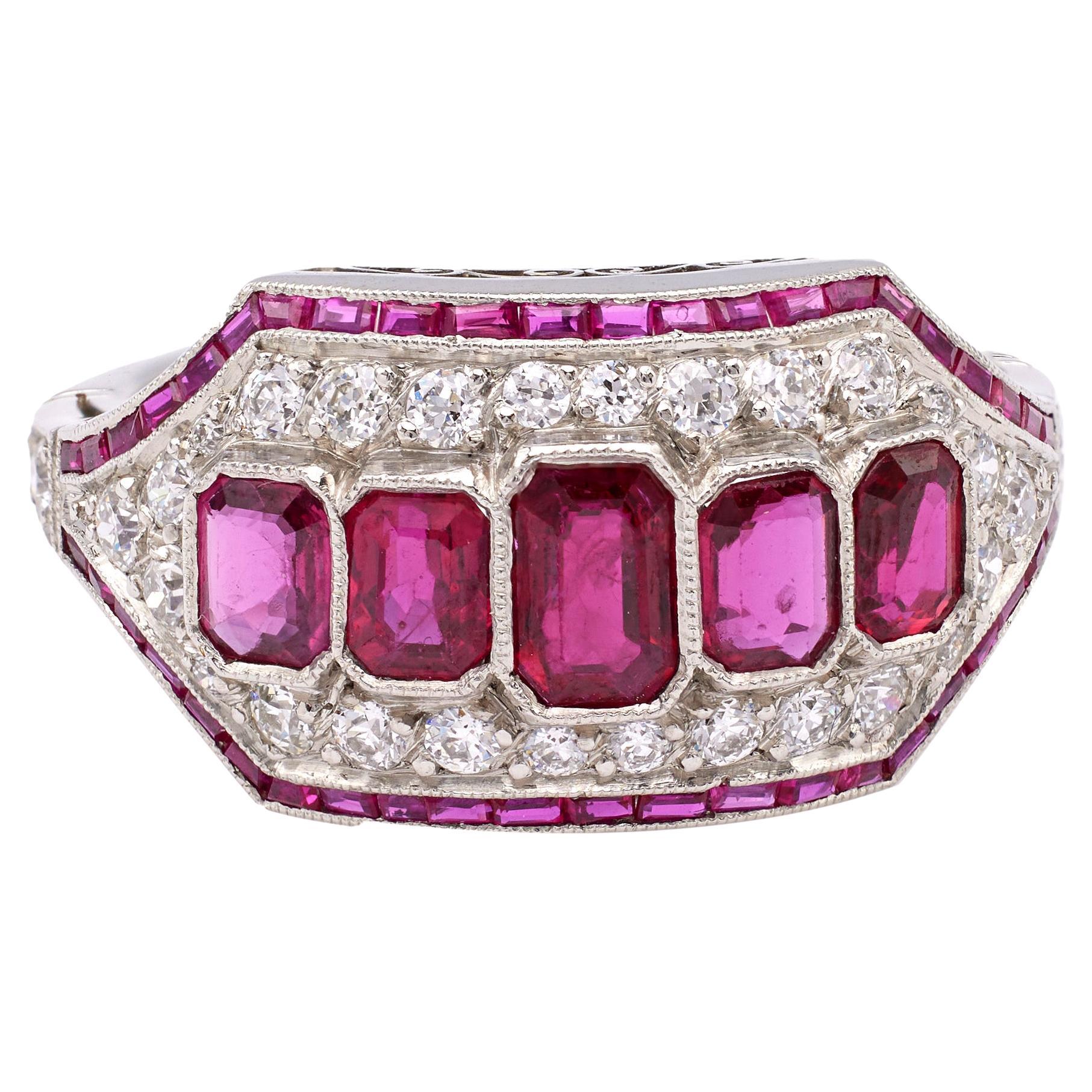 Art Deco Inspired Ruby and Diamond Platinum Five Stone Ring For Sale