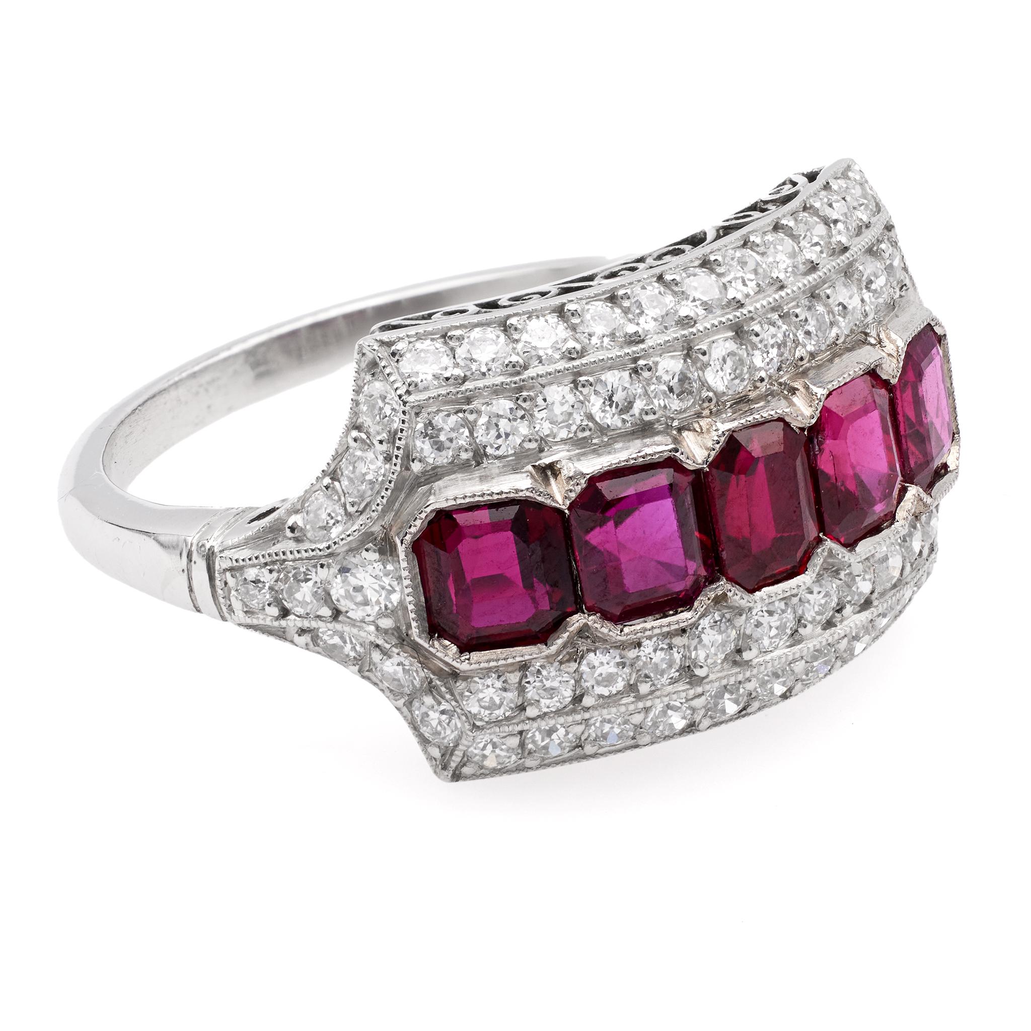 Women's or Men's Art Deco Inspired Ruby and Diamond Platinum Ring For Sale