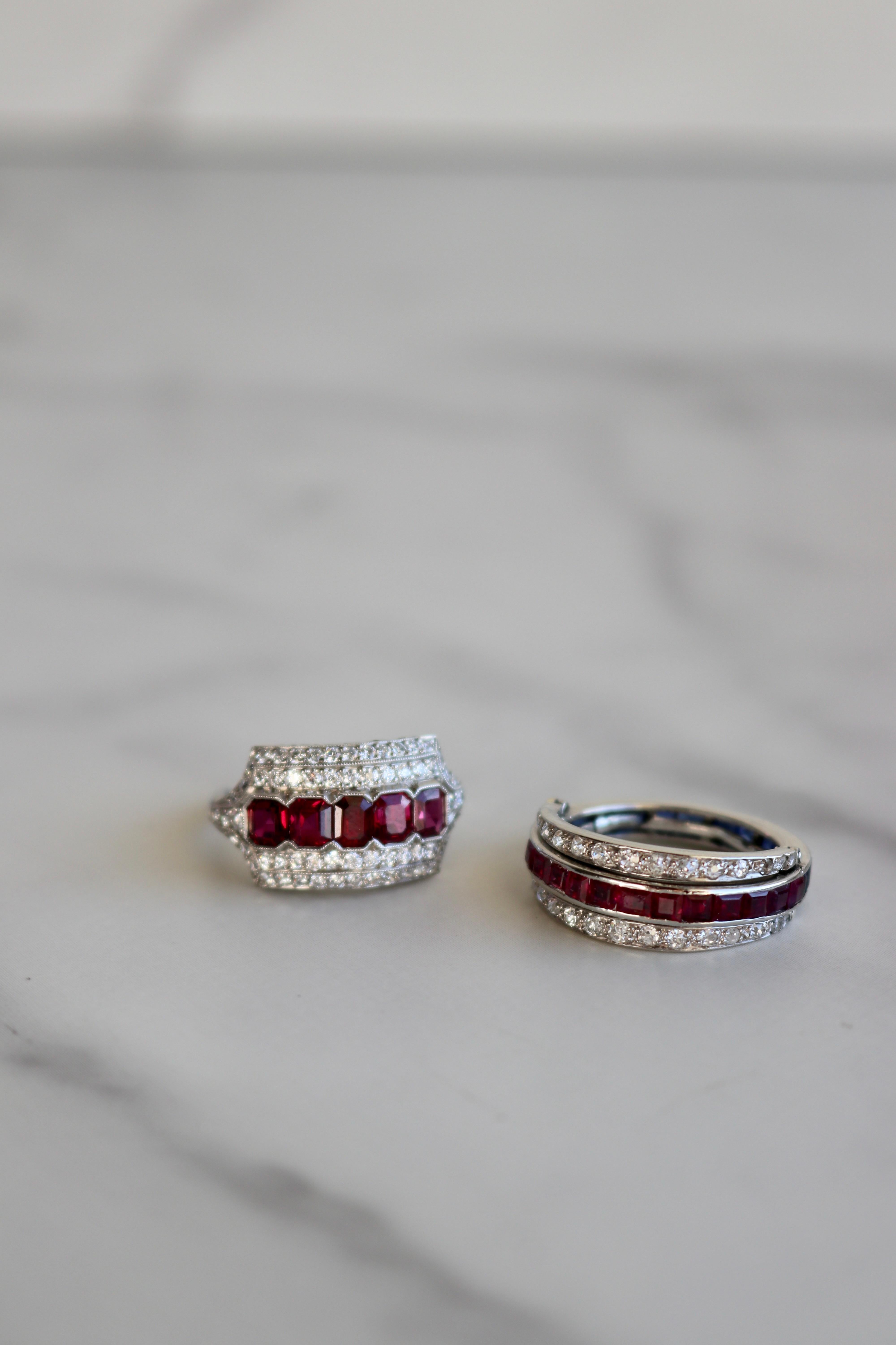 Art Deco Inspired Ruby and Diamond Platinum Ring For Sale 1