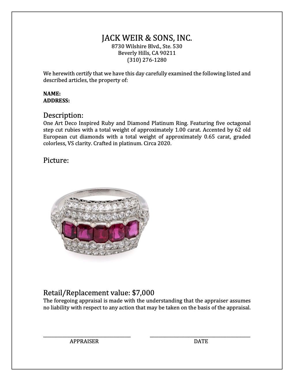 Art Deco Inspired Ruby and Diamond Platinum Ring For Sale 2