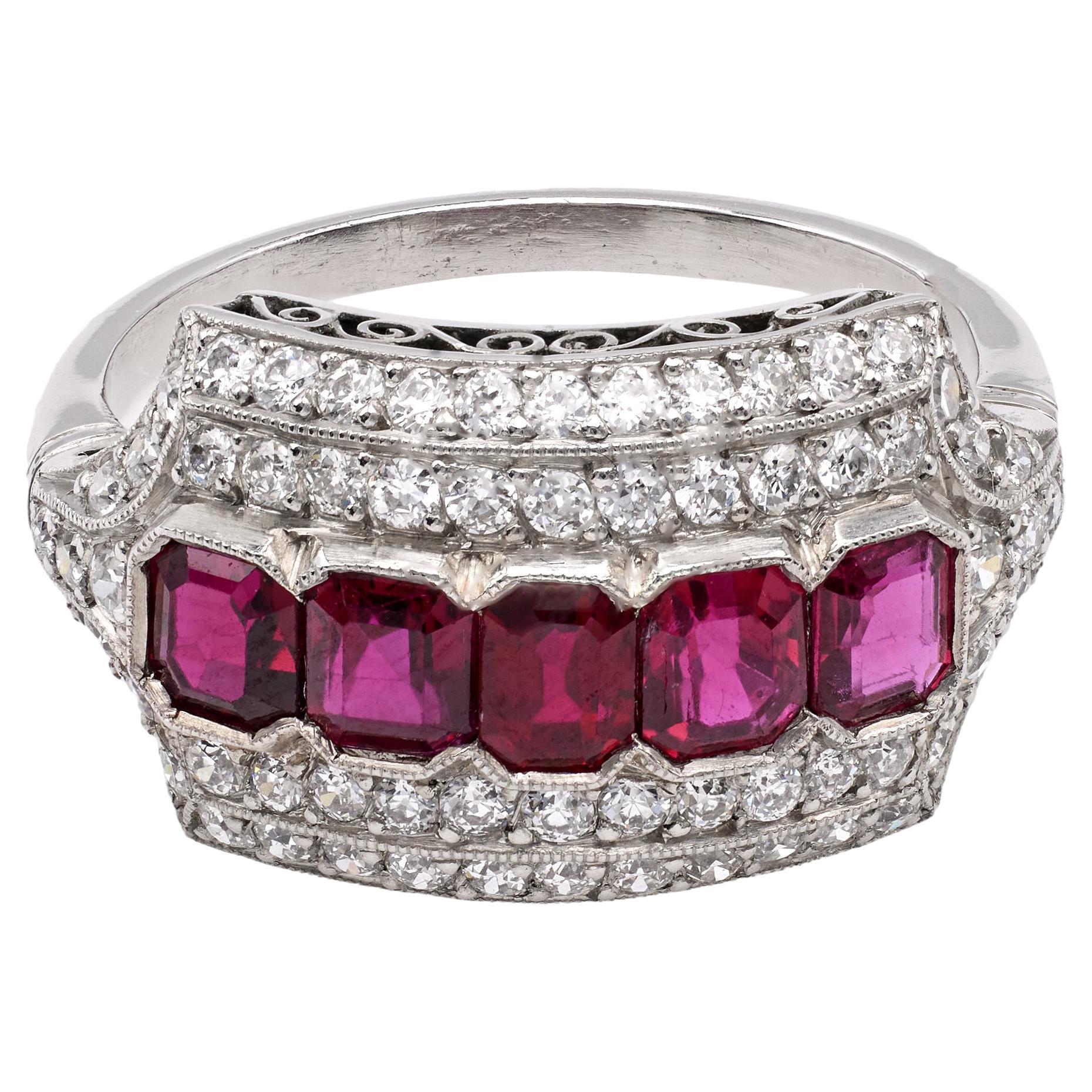 Art Deco Inspired Ruby and Diamond Platinum Ring For Sale