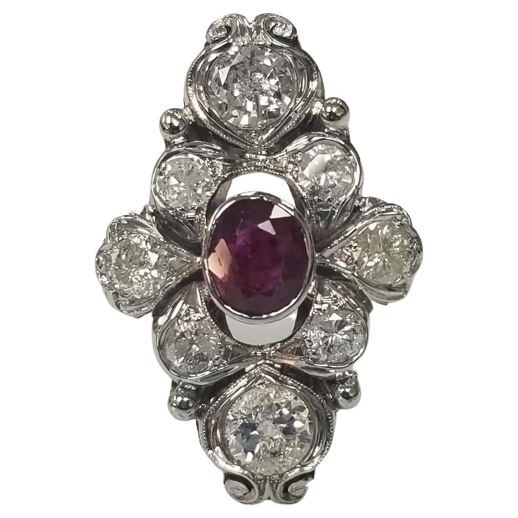 Art Deco Inspired Ruby and Diamond Retro Cocktail Ring