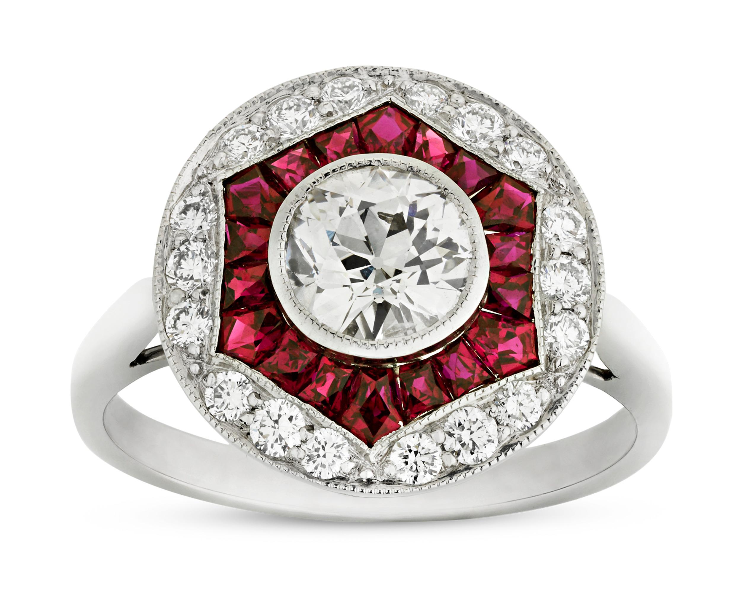 Women's Art Deco Inspired Ruby and Diamond Ring, 1.57 Carat