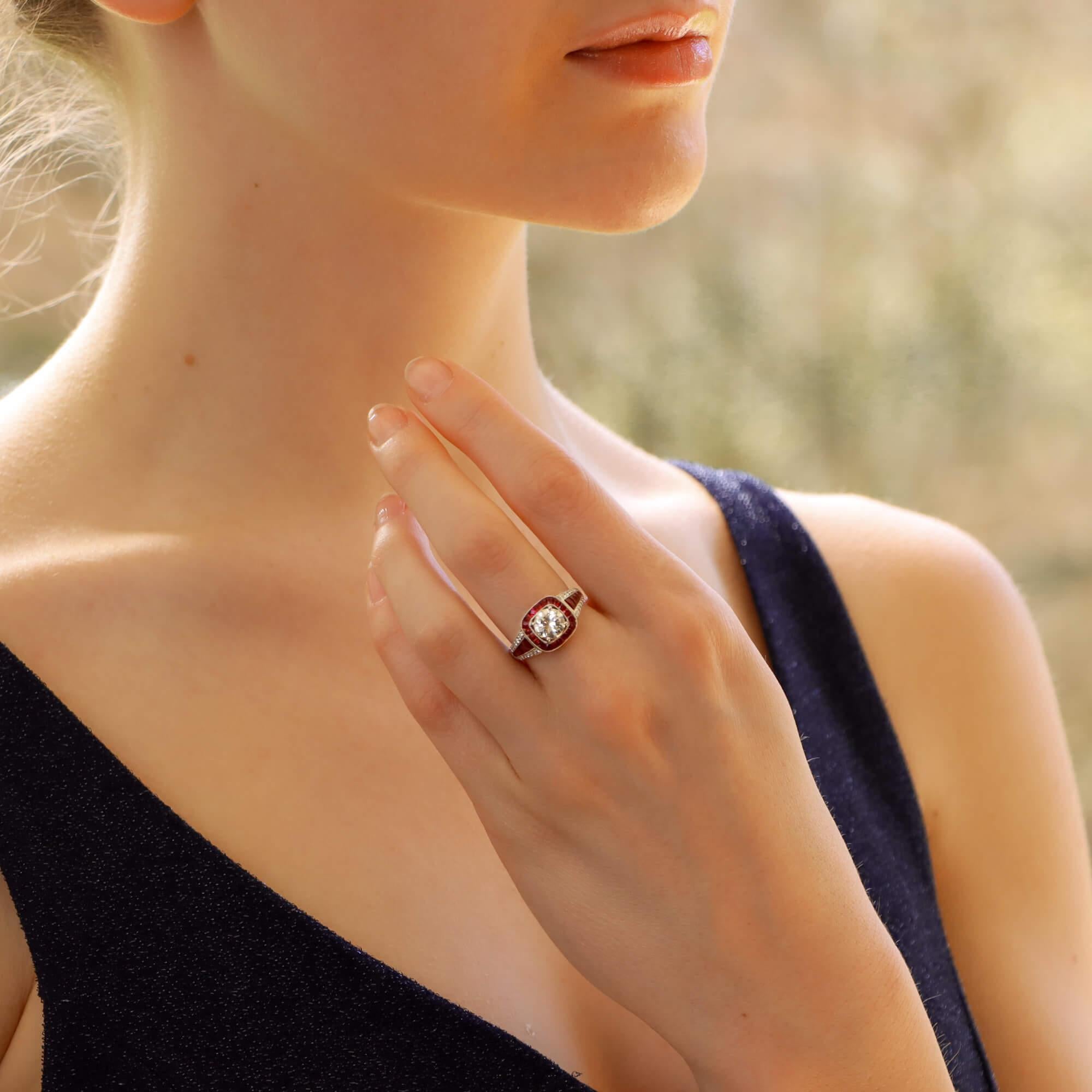 Women's or Men's Art Deco Inspired Ruby and Diamond Target Engagement Dress Ring Set in Platinum