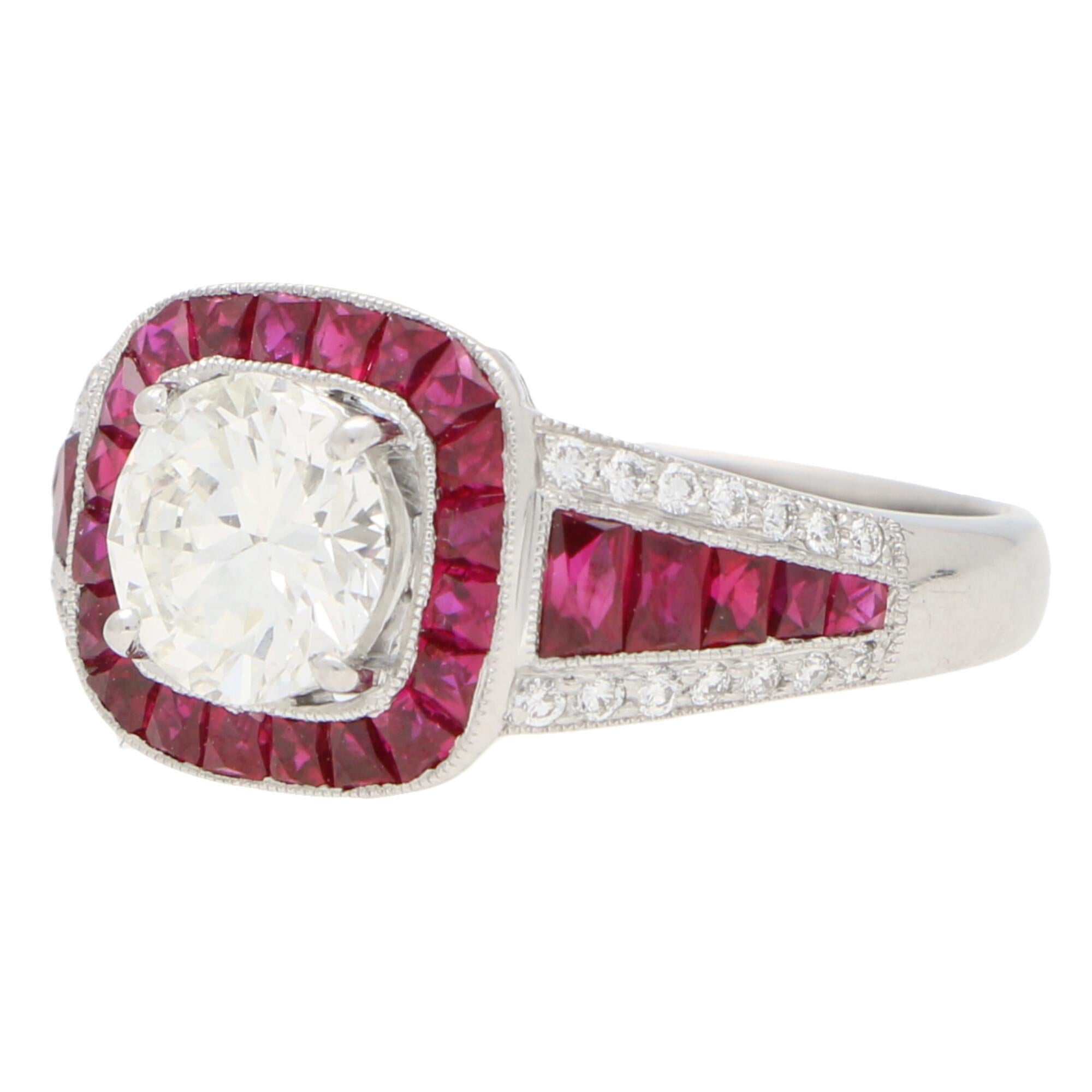 A beautiful Art Deco inspired ruby and diamond target engagement / dress ring set in platinum. 

The ring is predominantly set with a stunning old cut diamond which is four claw set to centre. The central diamond is then surrounding by a halo of 20