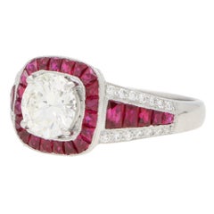 Art Deco Inspired Ruby and Diamond Target Engagement Dress Ring Set in Platinum