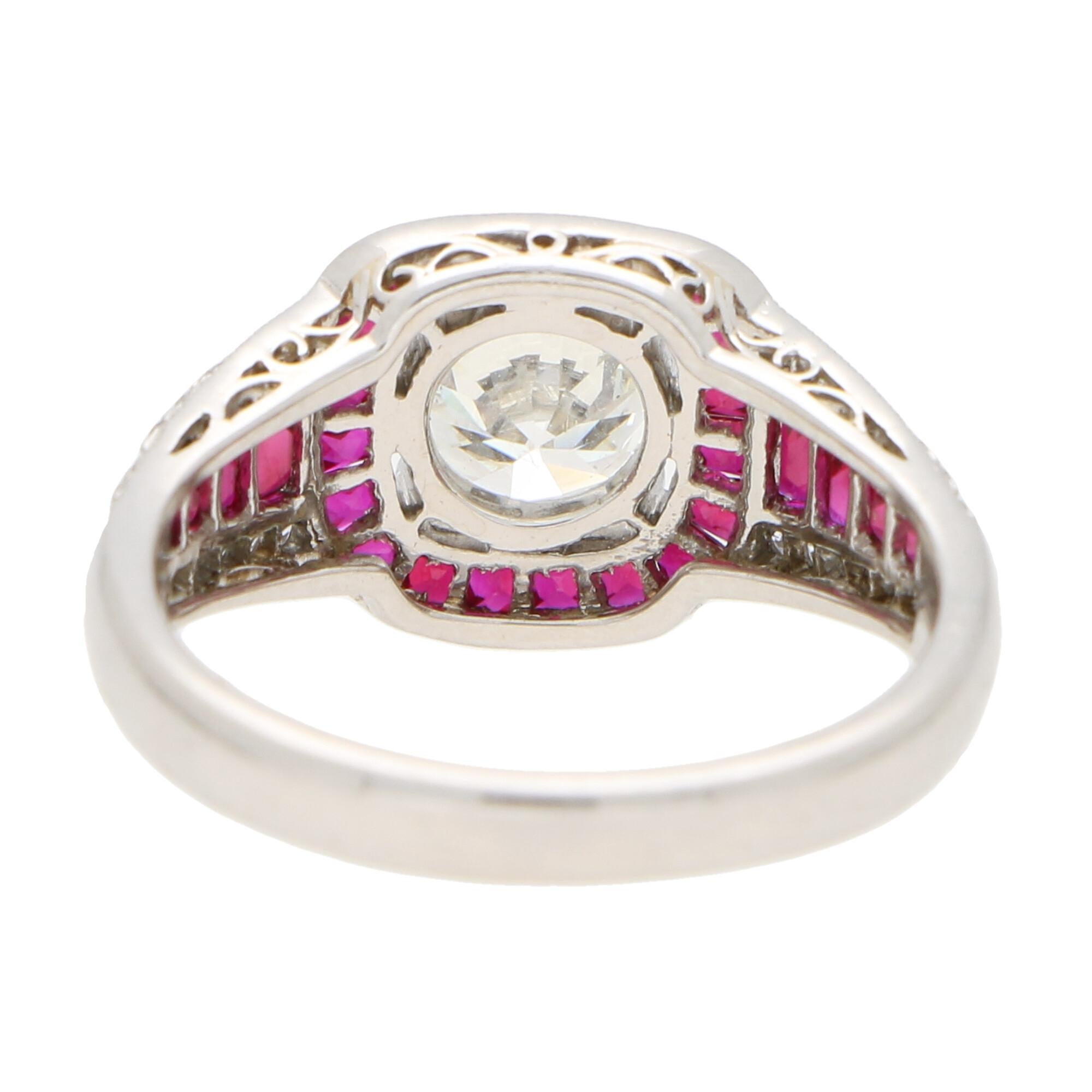 Round Cut Art Deco Inspired Ruby and Diamond Target Engagement Dress Ring Set in Platinum