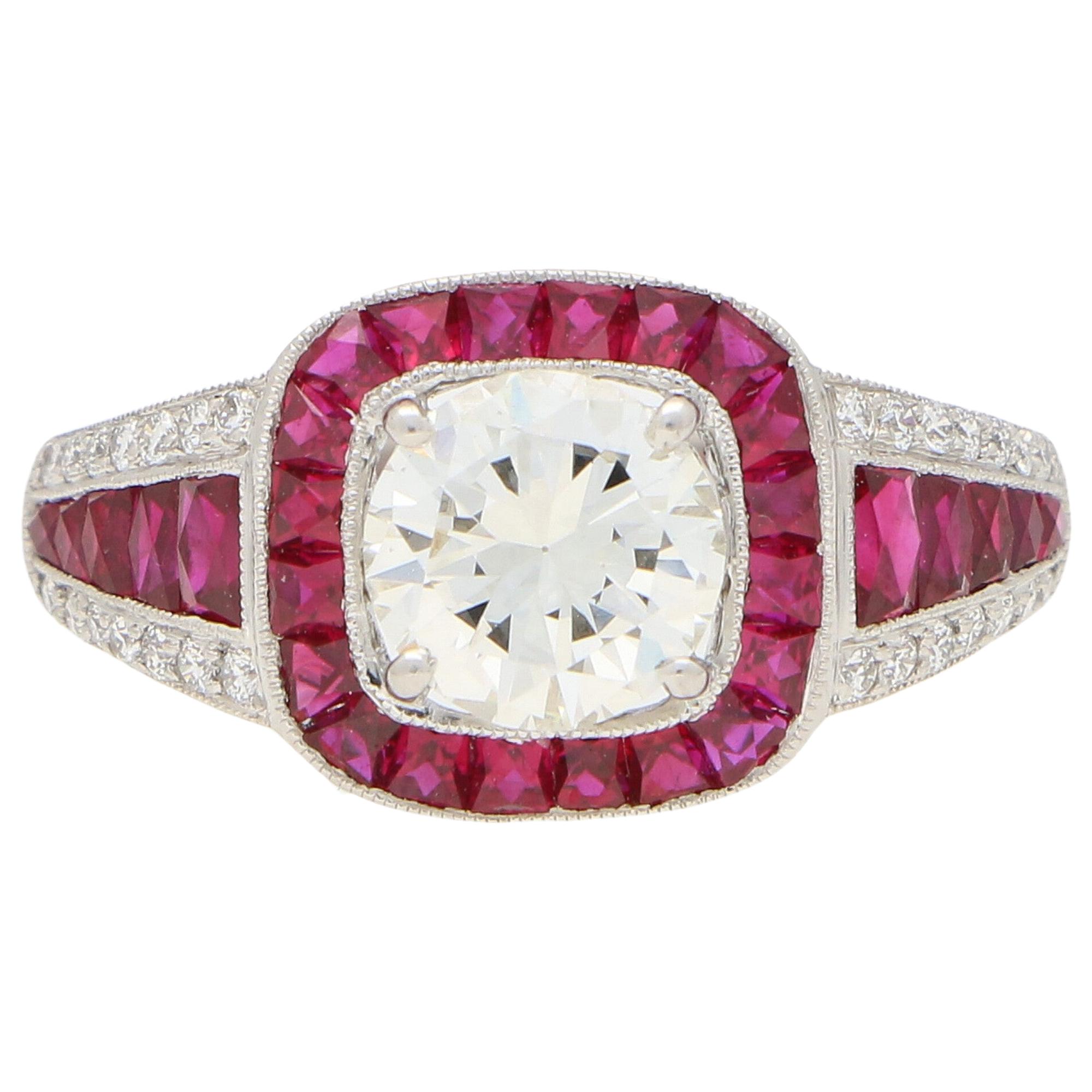 Art Deco Inspired Ruby and Diamond Target Engagement Dress Ring Set in Platinum