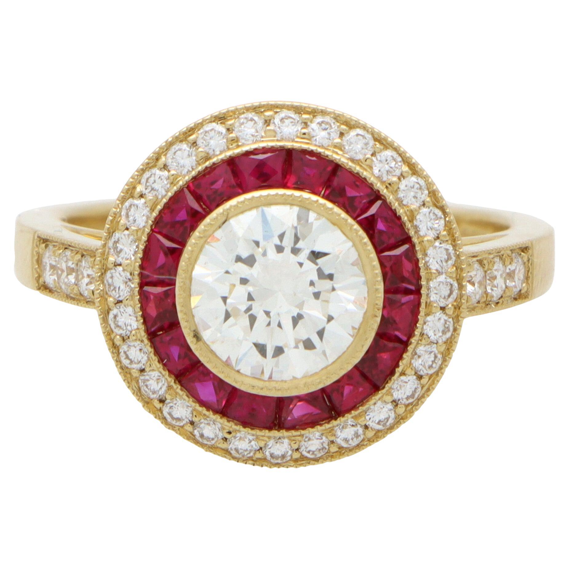 Art Deco Inspired Ruby and Diamond Target Ring in Yellow Gold