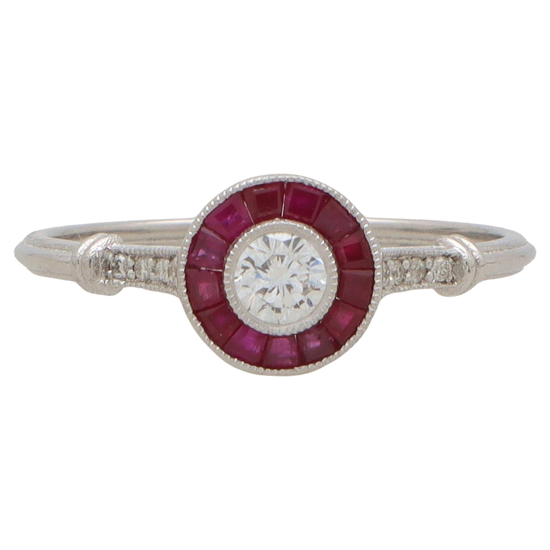 Art Deco Inspired Ruby and Diamond Target Ring Set in 18k White Gold