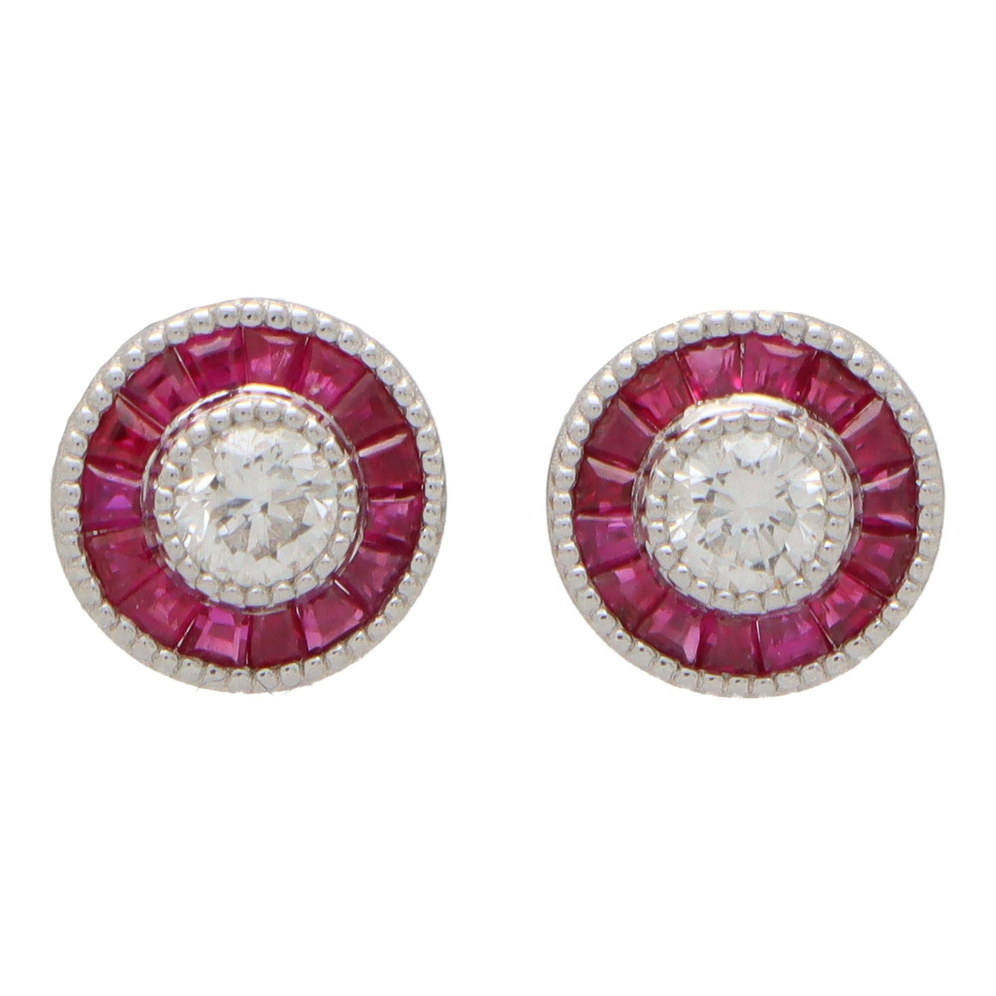 Round Cut Art Deco Inspired Ruby and Diamond Target Stud Earrings in 18k White Gold For Sale