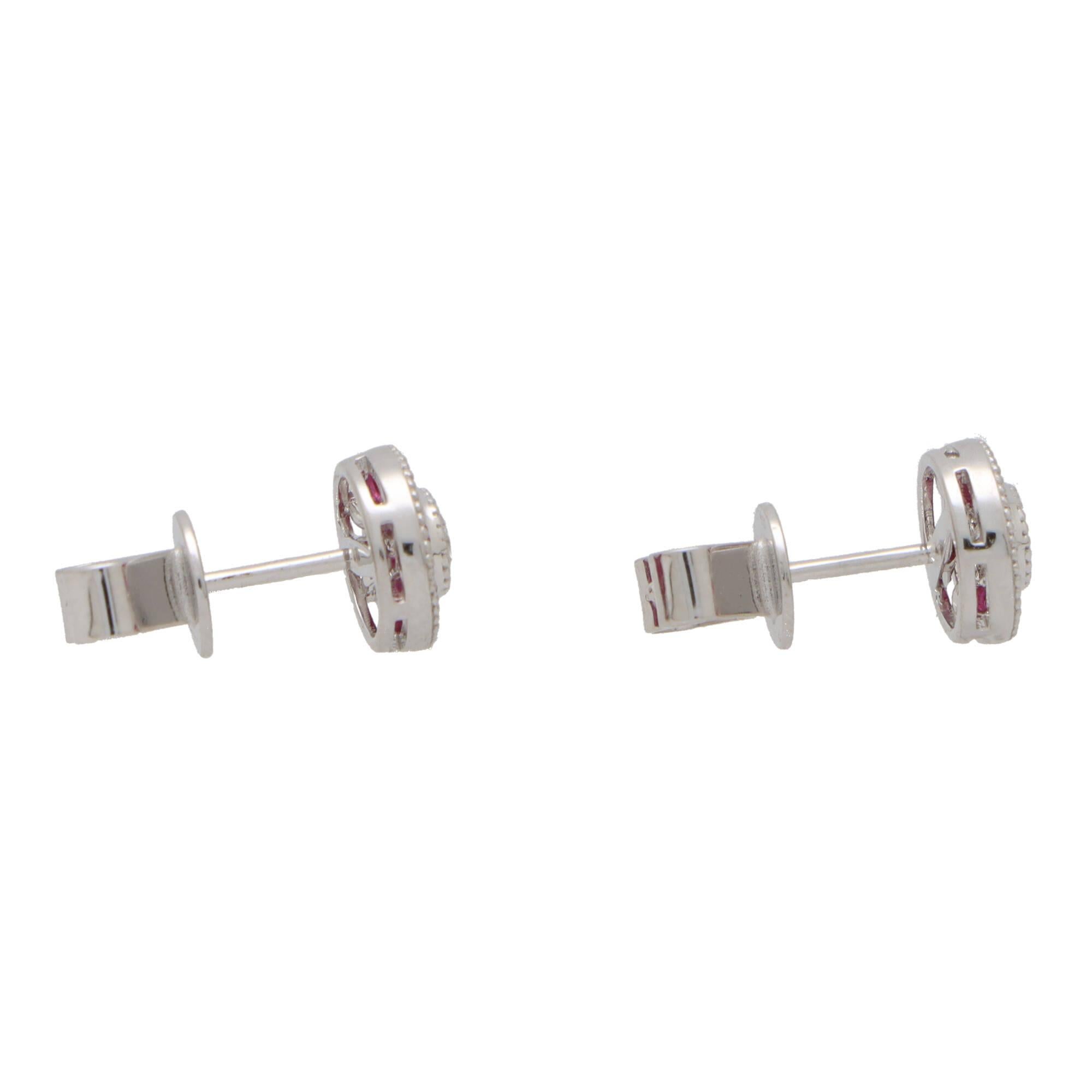 Round Cut Art Deco Inspired Ruby and Diamond Target Stud Earrings in 18k White Gold For Sale