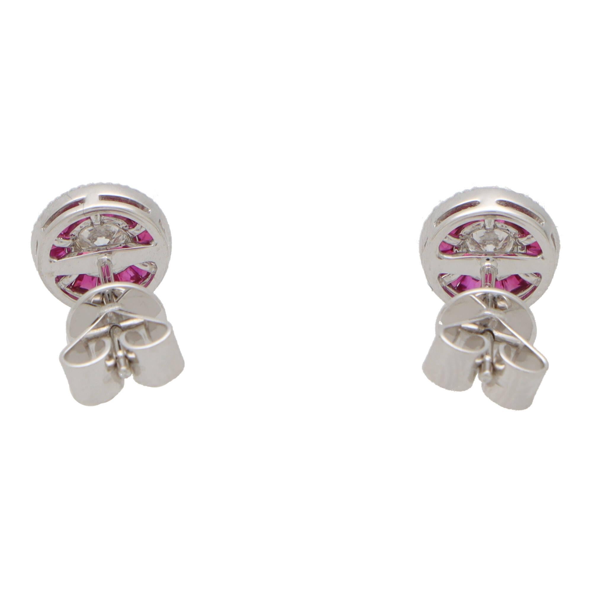 Women's or Men's Art Deco Inspired Ruby and Diamond Target Stud Earrings in 18k White Gold For Sale