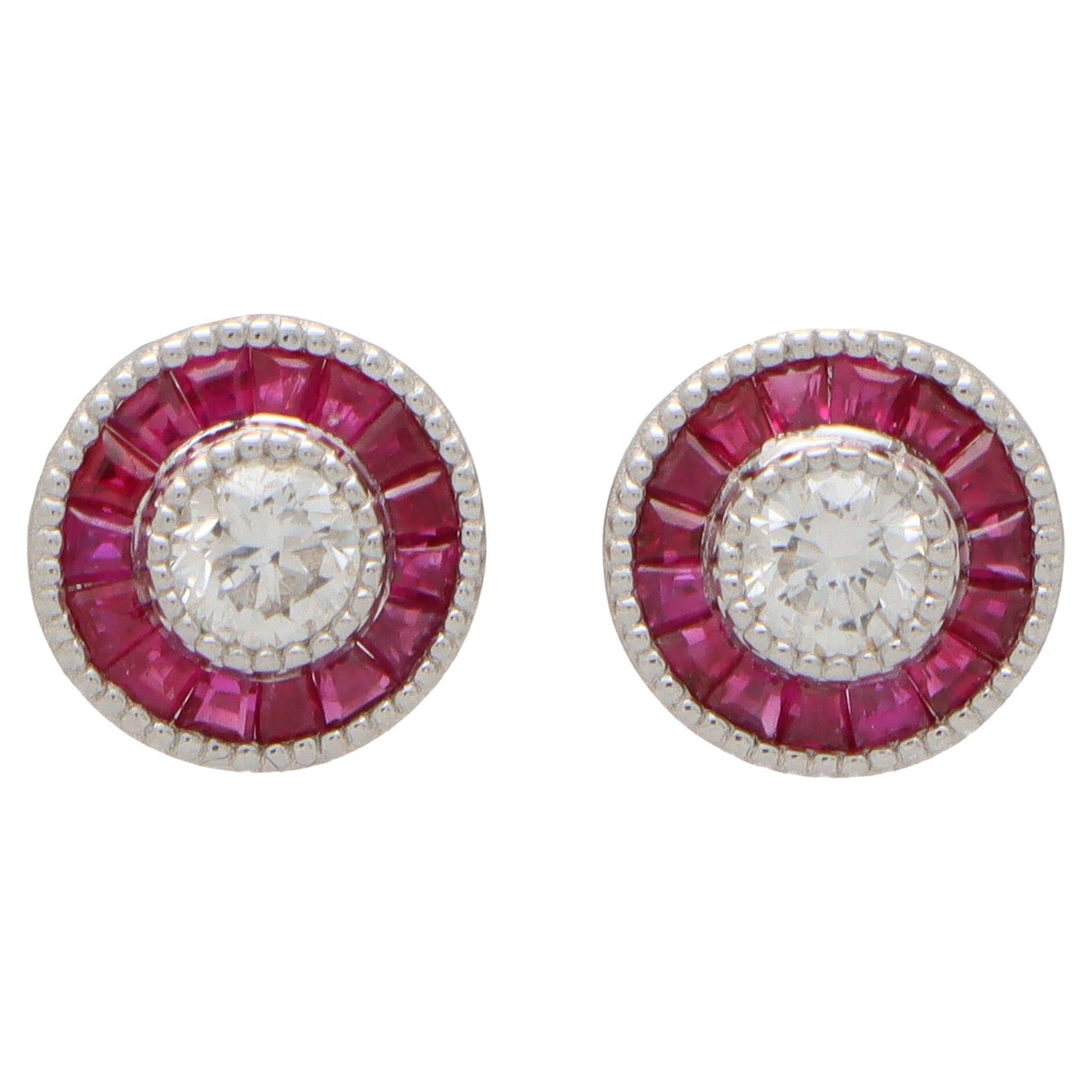 Art Deco Inspired Ruby and Diamond Target Stud Earrings in 18k White Gold