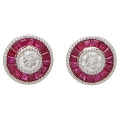Art Deco Inspired Ruby and Diamond Target Stud Earrings in 18k White Gold