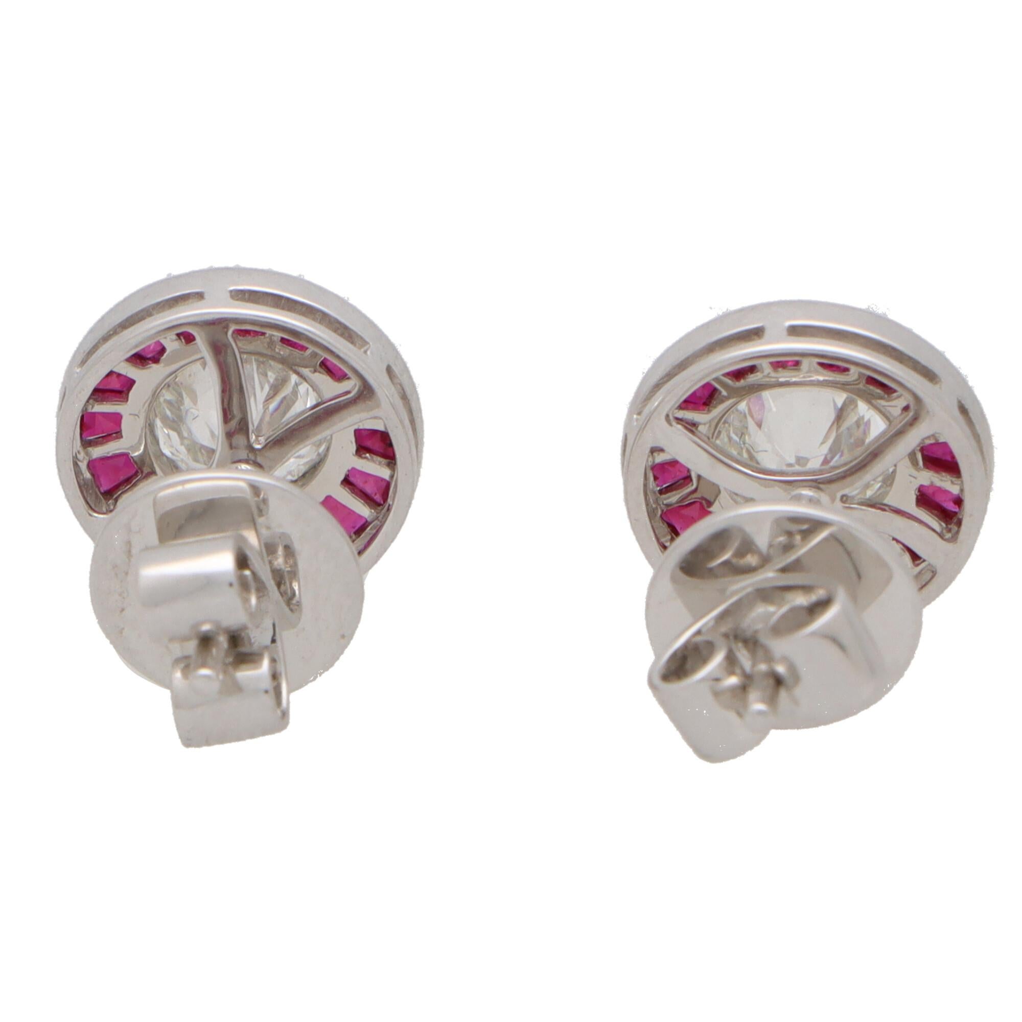 Round Cut Art Deco Inspired Ruby and Diamond Target Stud Earrings Set in Platinum For Sale