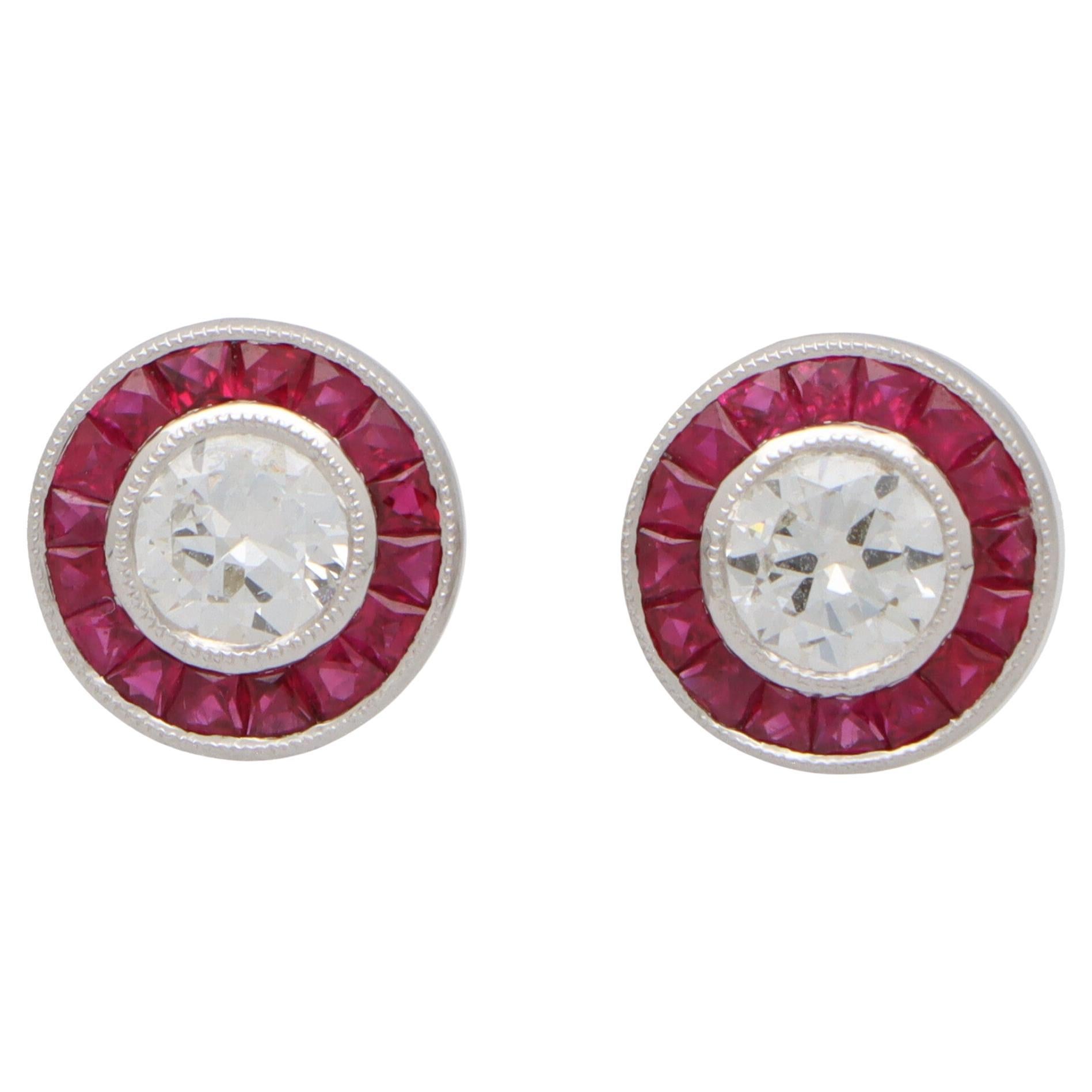 Art Deco Inspired Ruby and Diamond Target Stud Earrings Set in Platinum For Sale