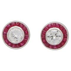 Art Deco Inspired Ruby and Diamond Target Stud Earrings Set in Platinum