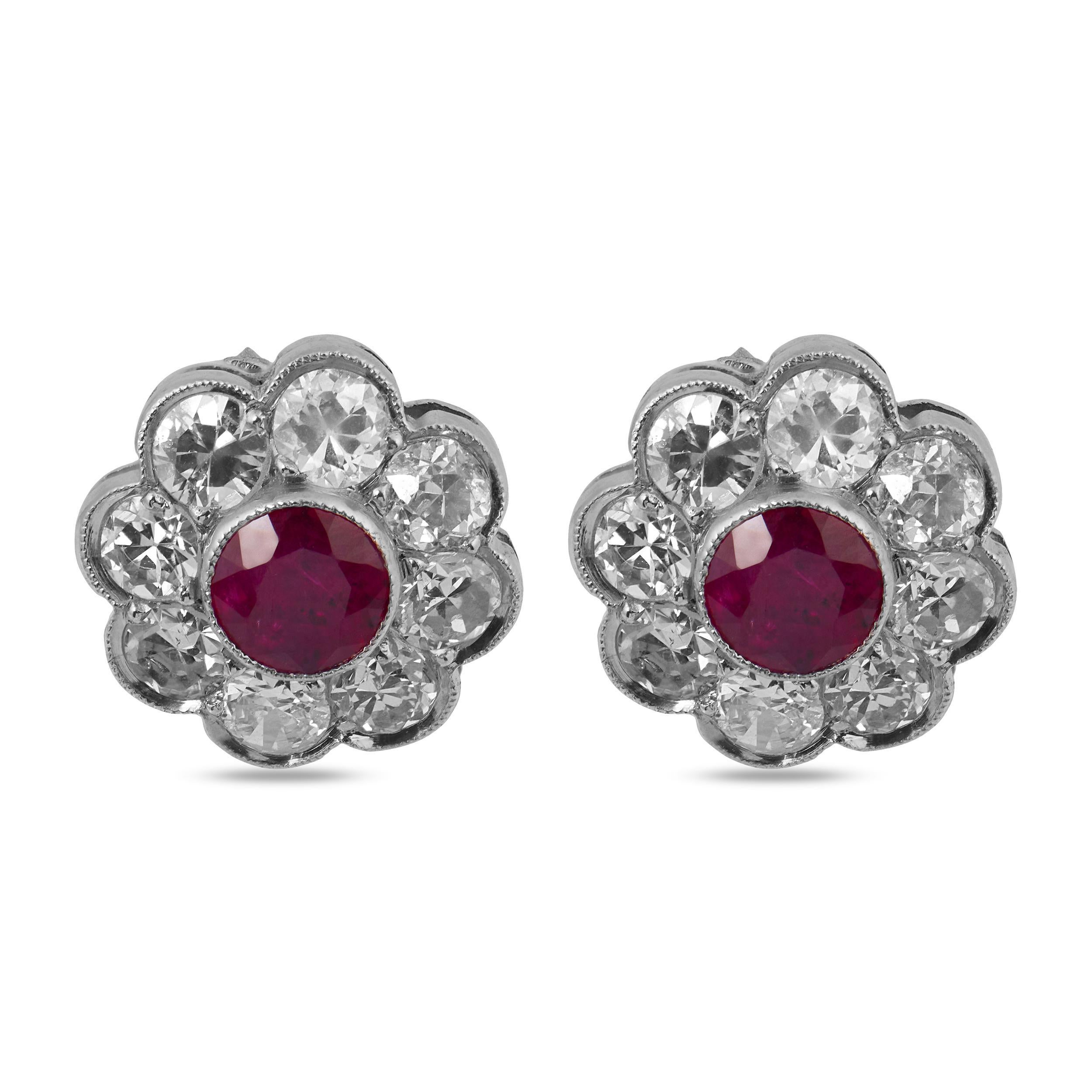 Art Deco inspired ruby diamond cluster stud platinum earrings For Sale