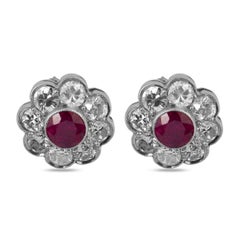 Art Deco inspired ruby diamond cluster stud platinum earrings