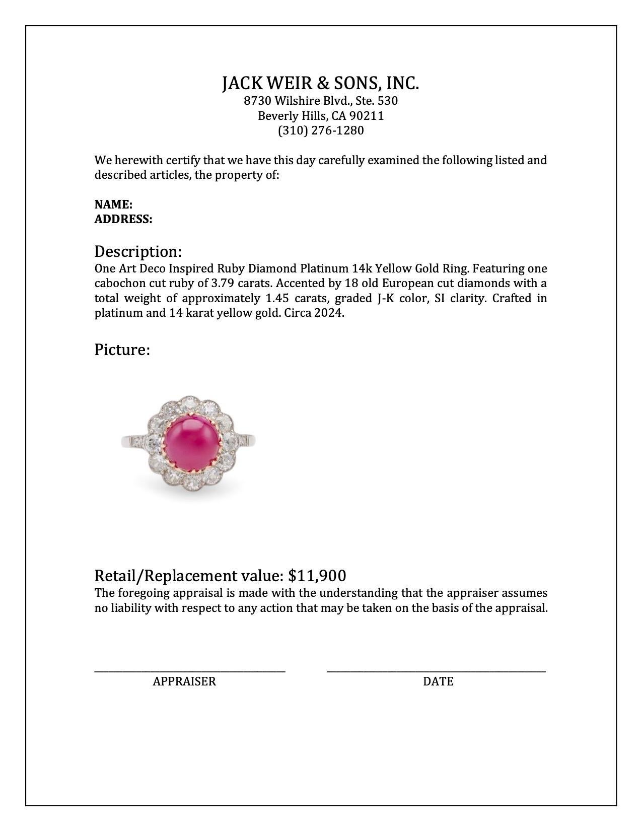 Art Deco inspirierter Rubin-Diamant-Platin-Ring aus 14k Gelbgold für Damen oder Herren im Angebot