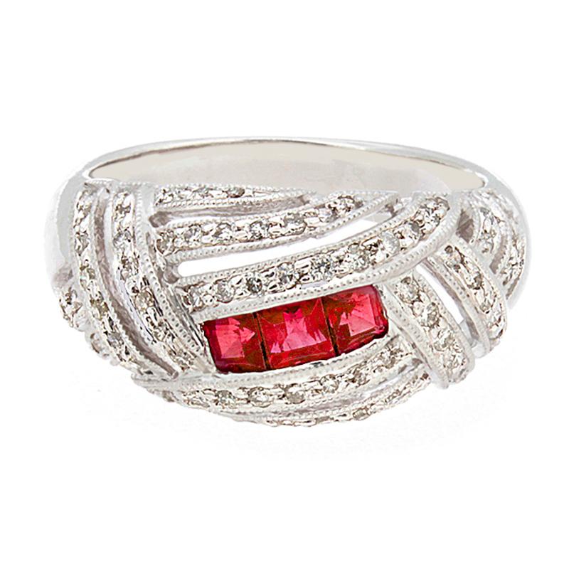 Women's Art Deco Inspired Ruby Diamond Platinum Ring For Sale