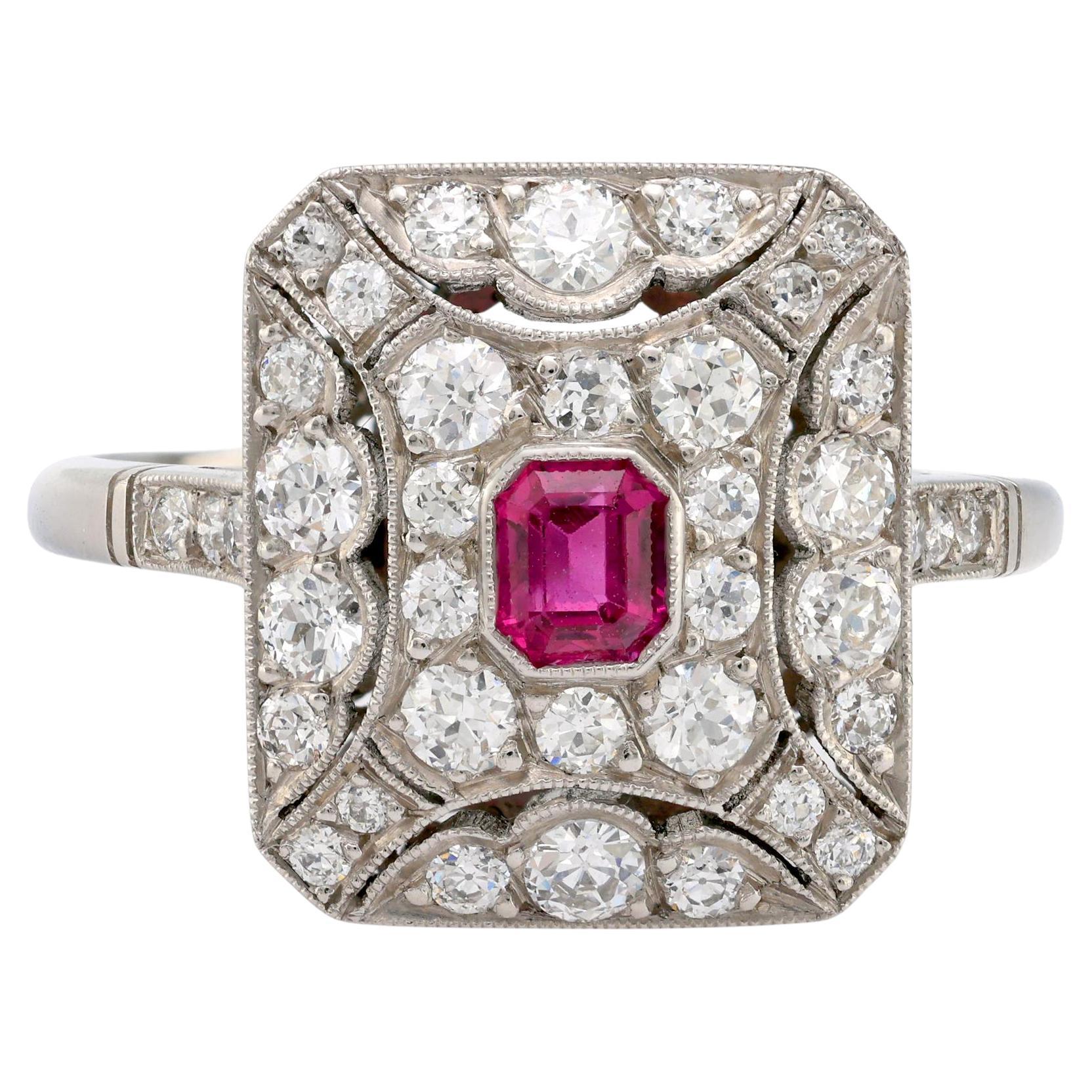 Art Deco Inspired ruby diamond platinum square ring