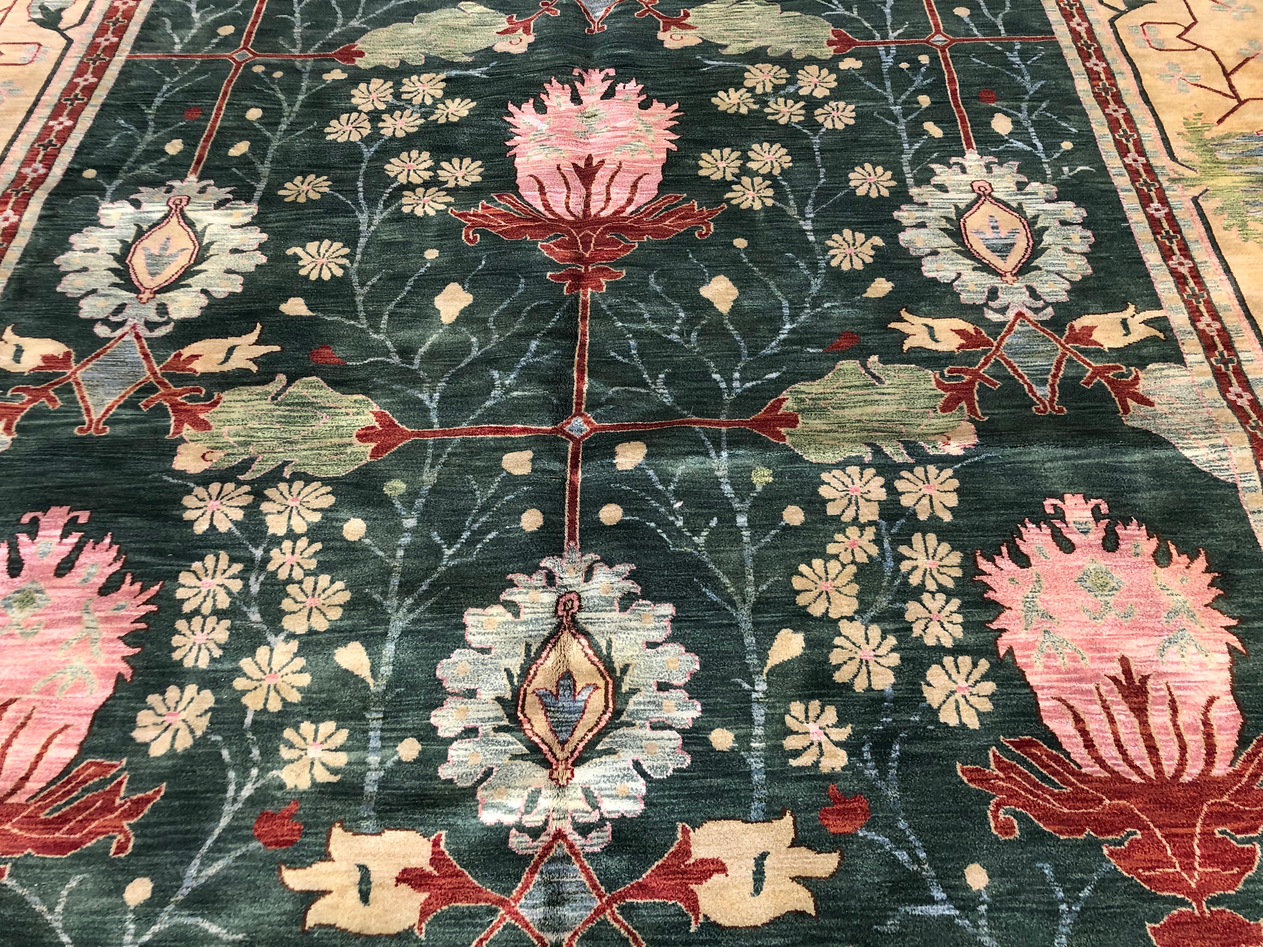 This Indian Oushak rug is a beautiful work of art, inspired by the Art Deco movement. Handcrafted with all wool, its floral design features a deep green color and lotus motifs, making it a stunning addition to any home. Experience the luxurious