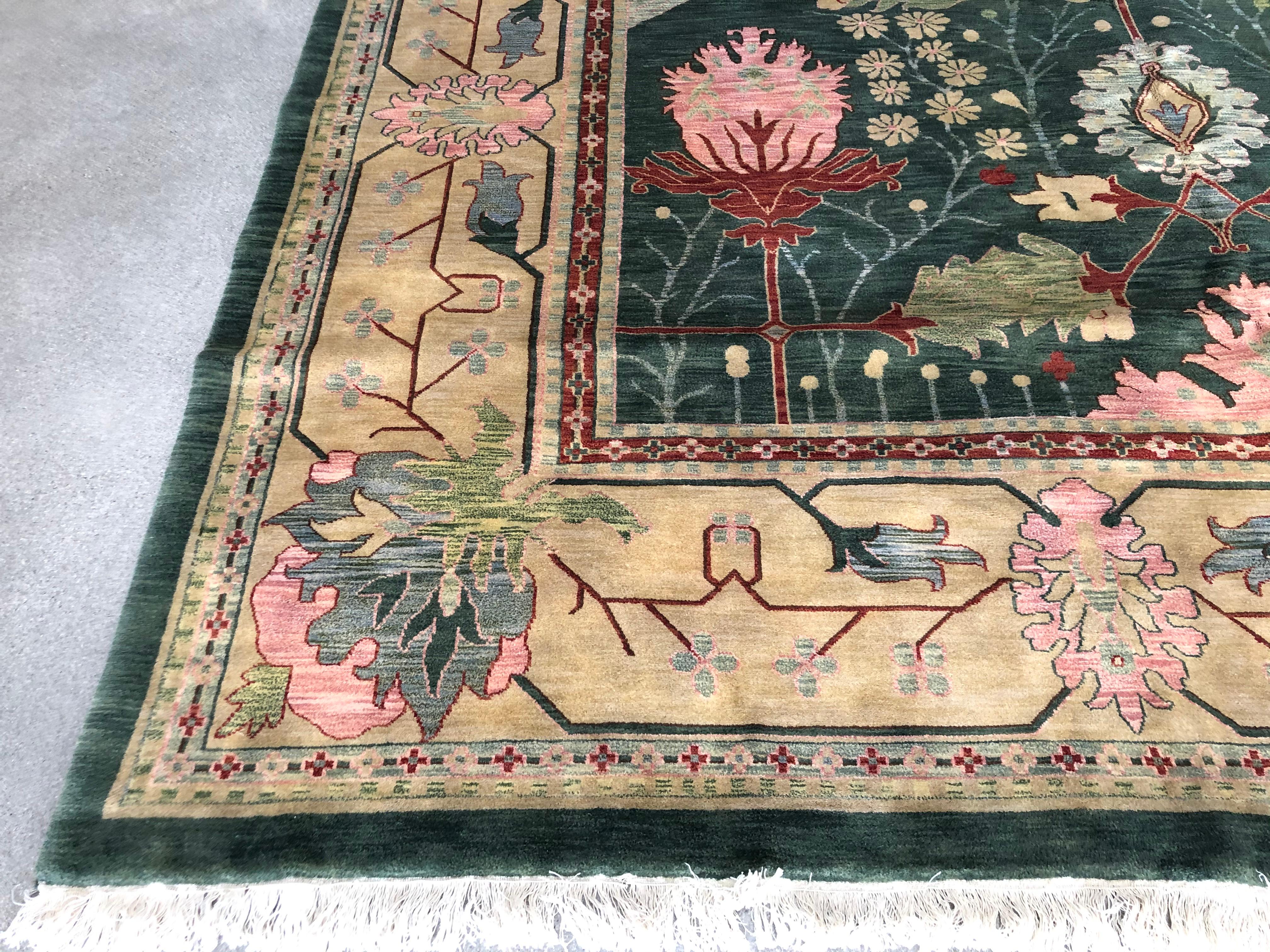 Wool 10'x14' Forest Green Art Deco Inspired Rug  For Sale