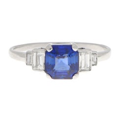 Art Deco Inspired Sapphire and Diamond Engagement Ring Set in Platinum