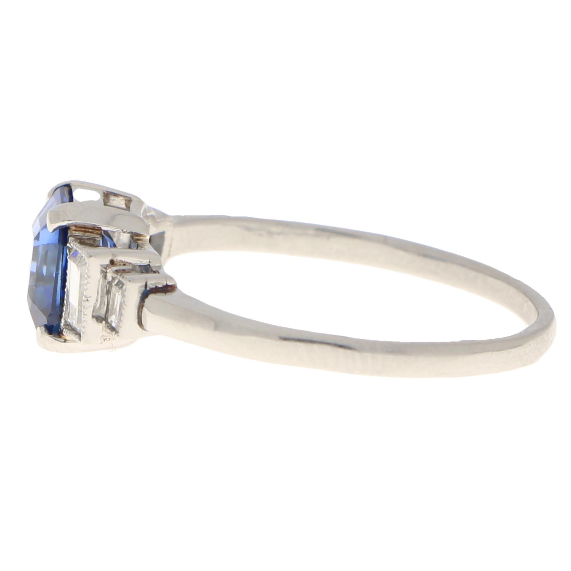 Women's or Men's Art Deco Inspired Sapphire and Diamond Engagement Ring Set in Platinum